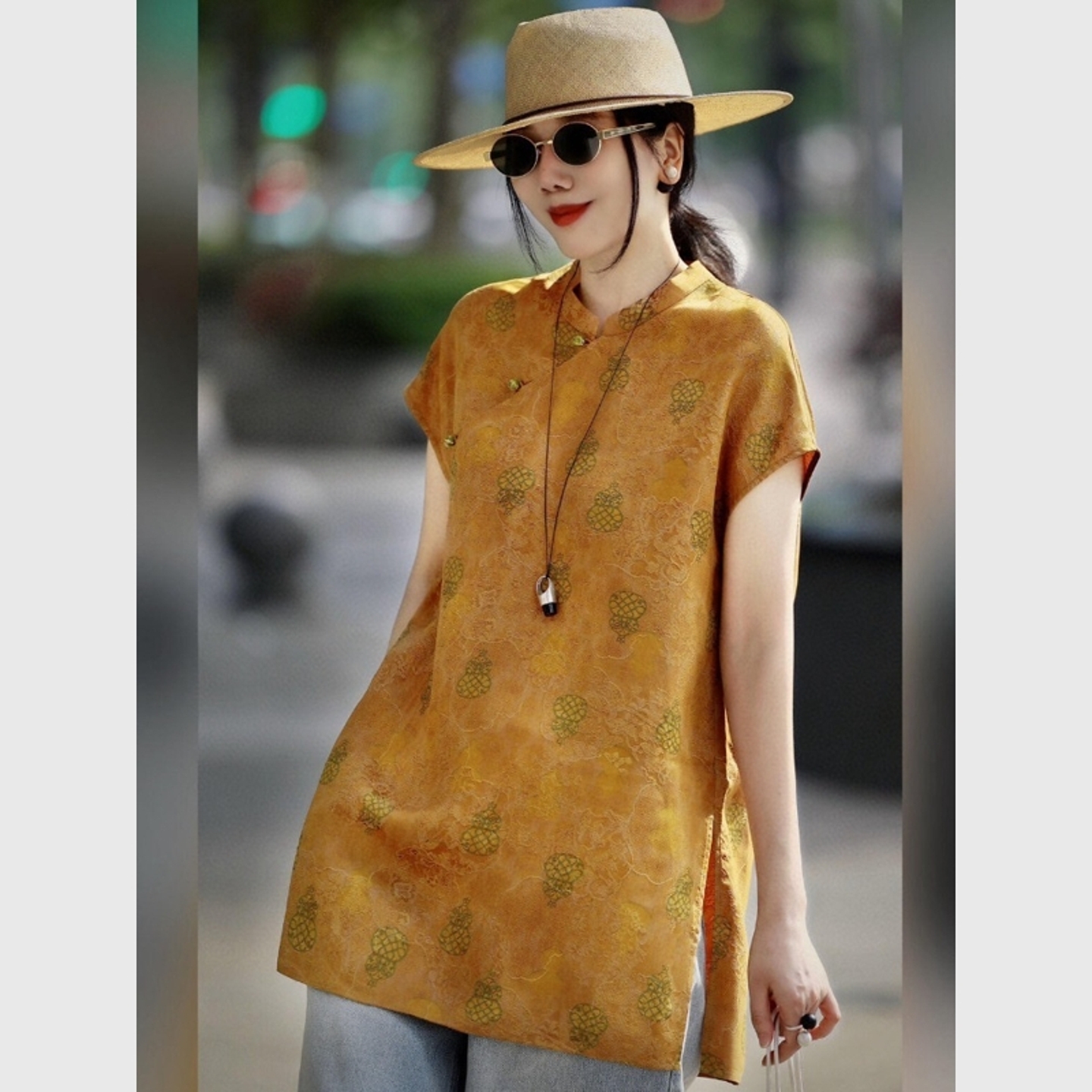 夏日穿搭绝美巨好看的新中式国风盘扣短袖印花T恤上衣女