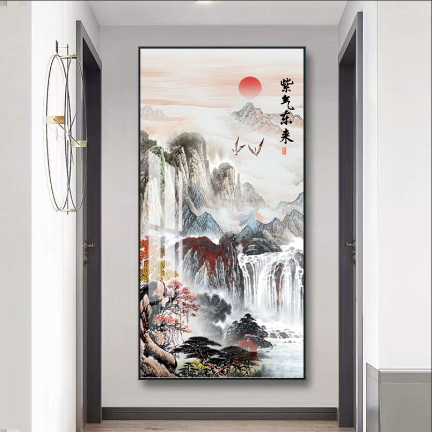 紫气东来水墨山照晶瓷画玄关客厅入户走廊过道装饰挂画寓意好大气