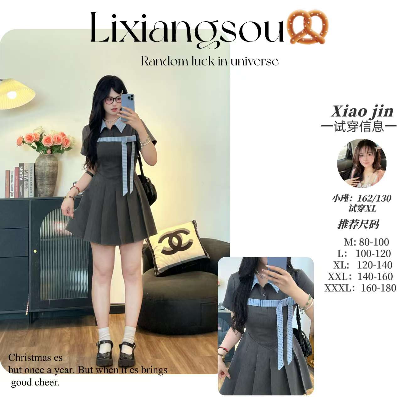 【格蕾系】9766美式学院风Polo领蝴蝶结连衣裙女夏显瘦A字百褶裙