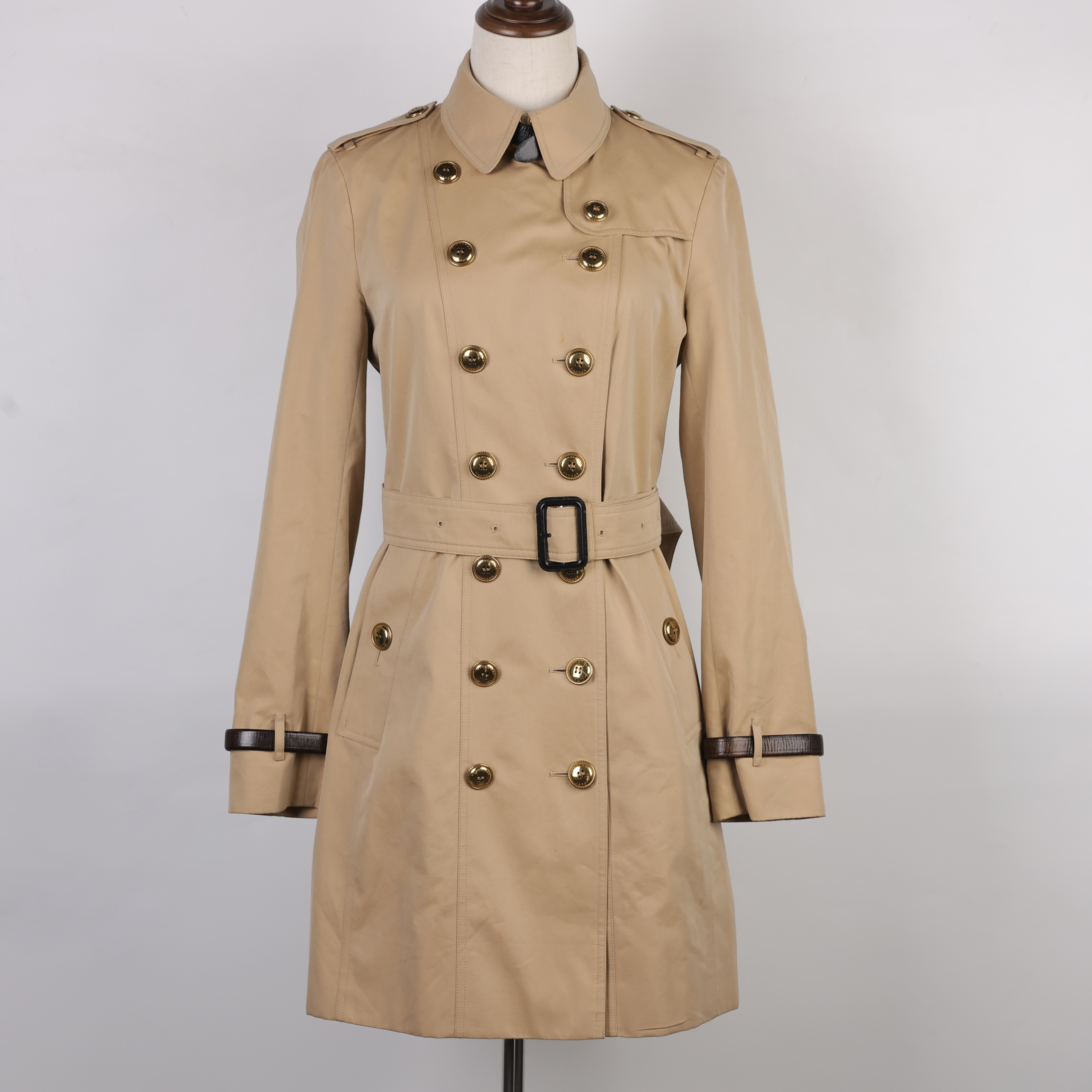 99新 BURBERRY/博柏利 棉/ 25110672 卡其色双排扣束腰风衣女 UK8