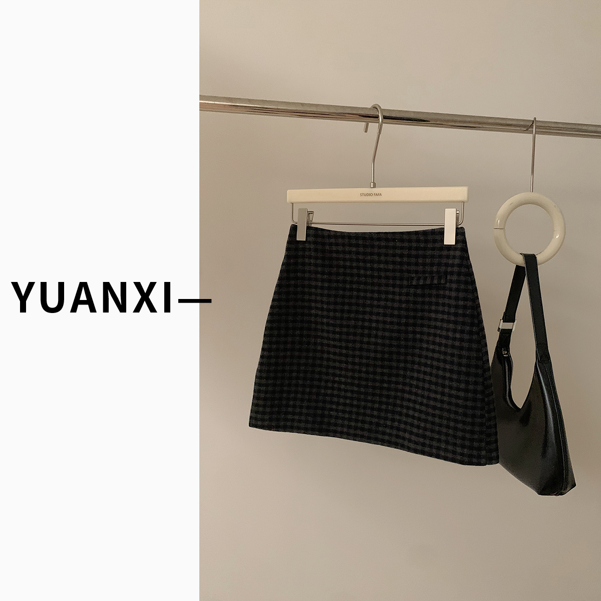 【FAFAJIA】N082 韩系格纹呢子高腰A字半身短裙女秋冬新款