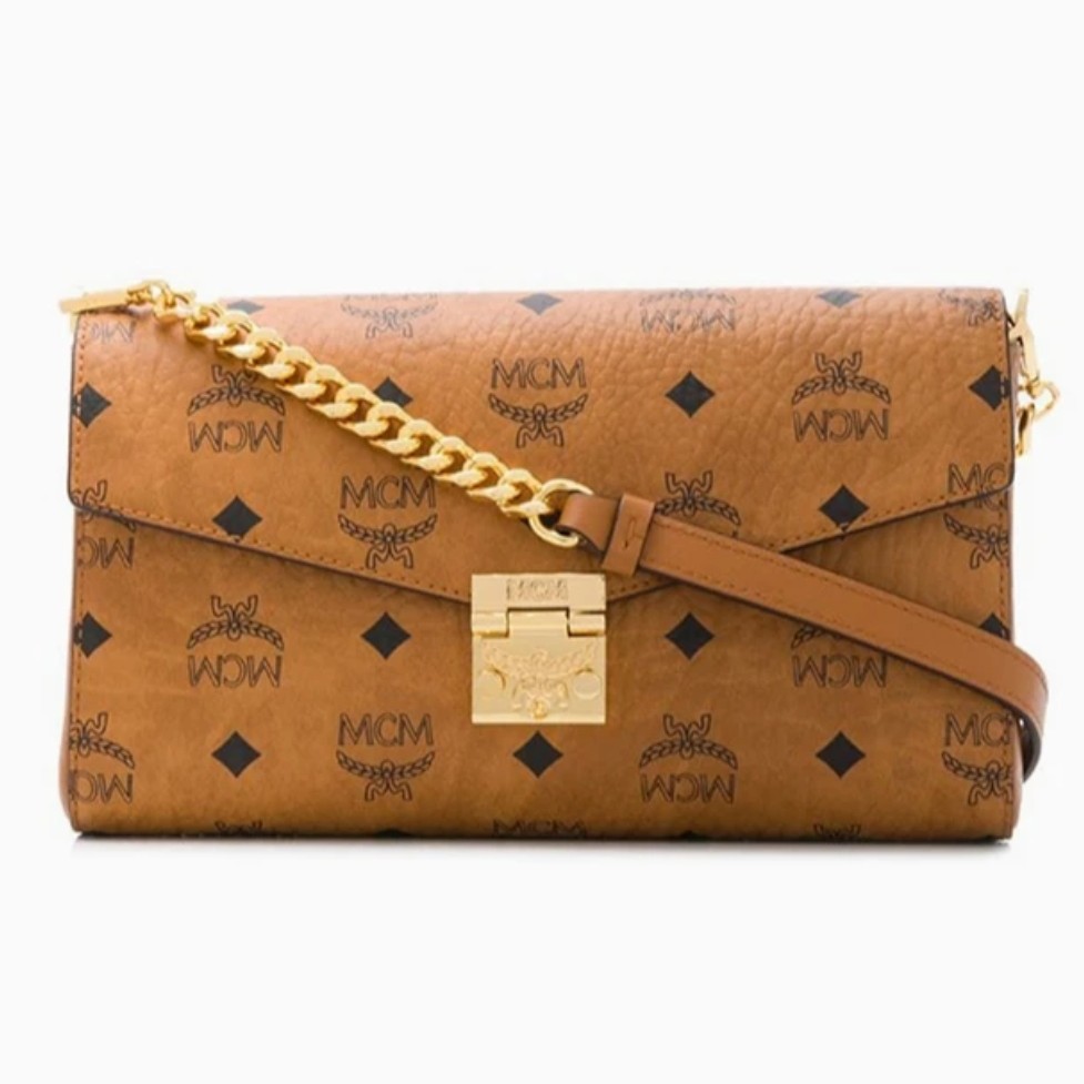 95新 MCM 新款皮拼链条包中号干邑色/LX00317