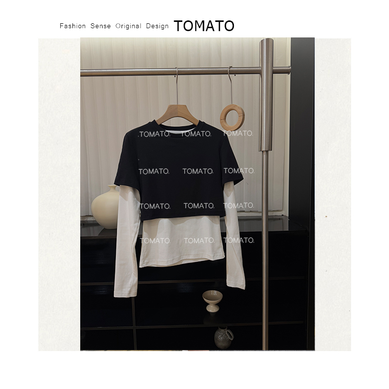 【TomaTo】「黑白幻境」撞色假两件小众上衣休闲打底长袖T恤C25T03191