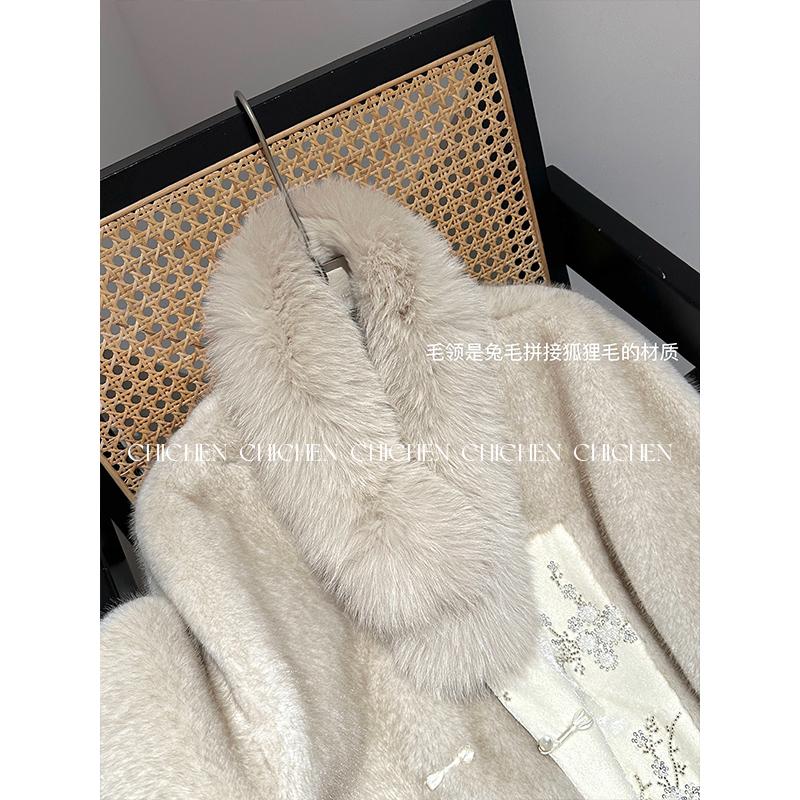 CHICHEN-茶米色 真狐狸毛围脖皮草围巾毛领