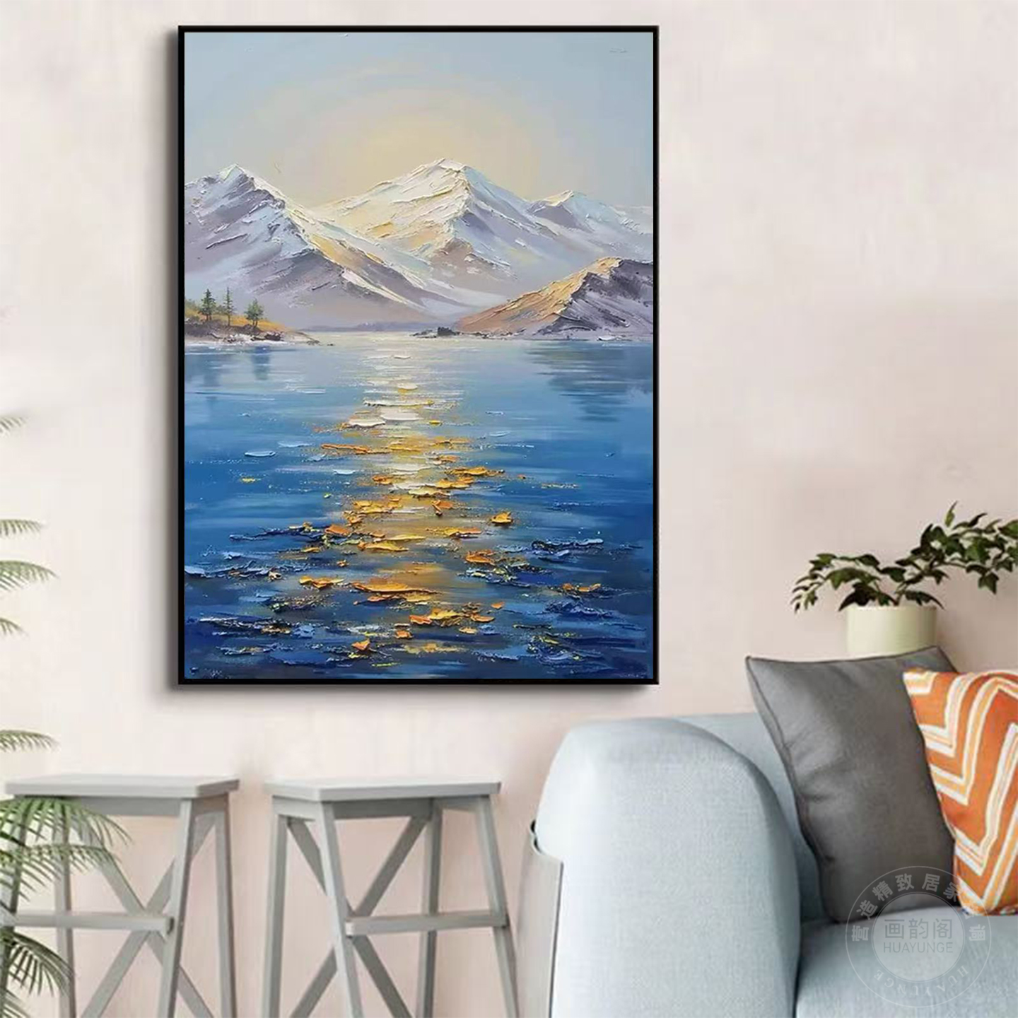意式简约日照金山风景湖面雪山客厅沙发背景墙装饰画玄关走廊挂画