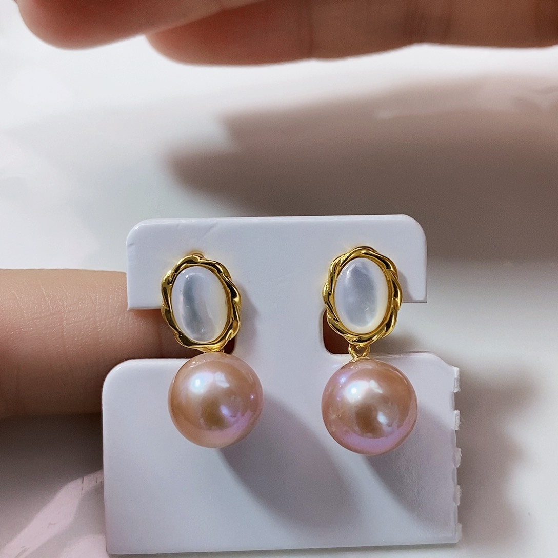 银S925镶嵌特价极光紫耳饰淡水珍珠杉****0