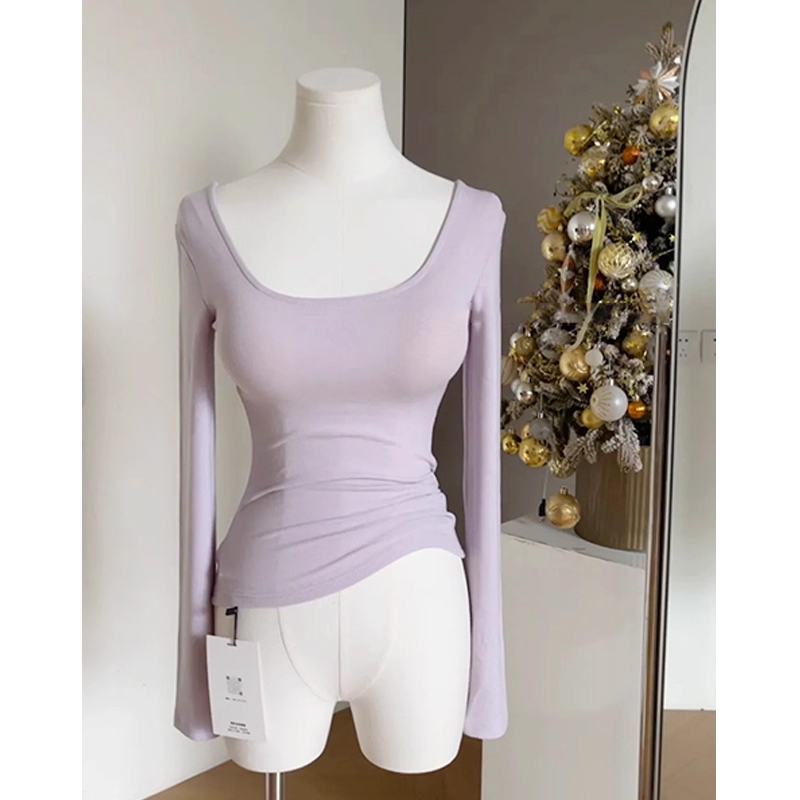 性感纯欲修身长袖T恤女秋季2025新款别致方领高腰内搭打底衫上衣