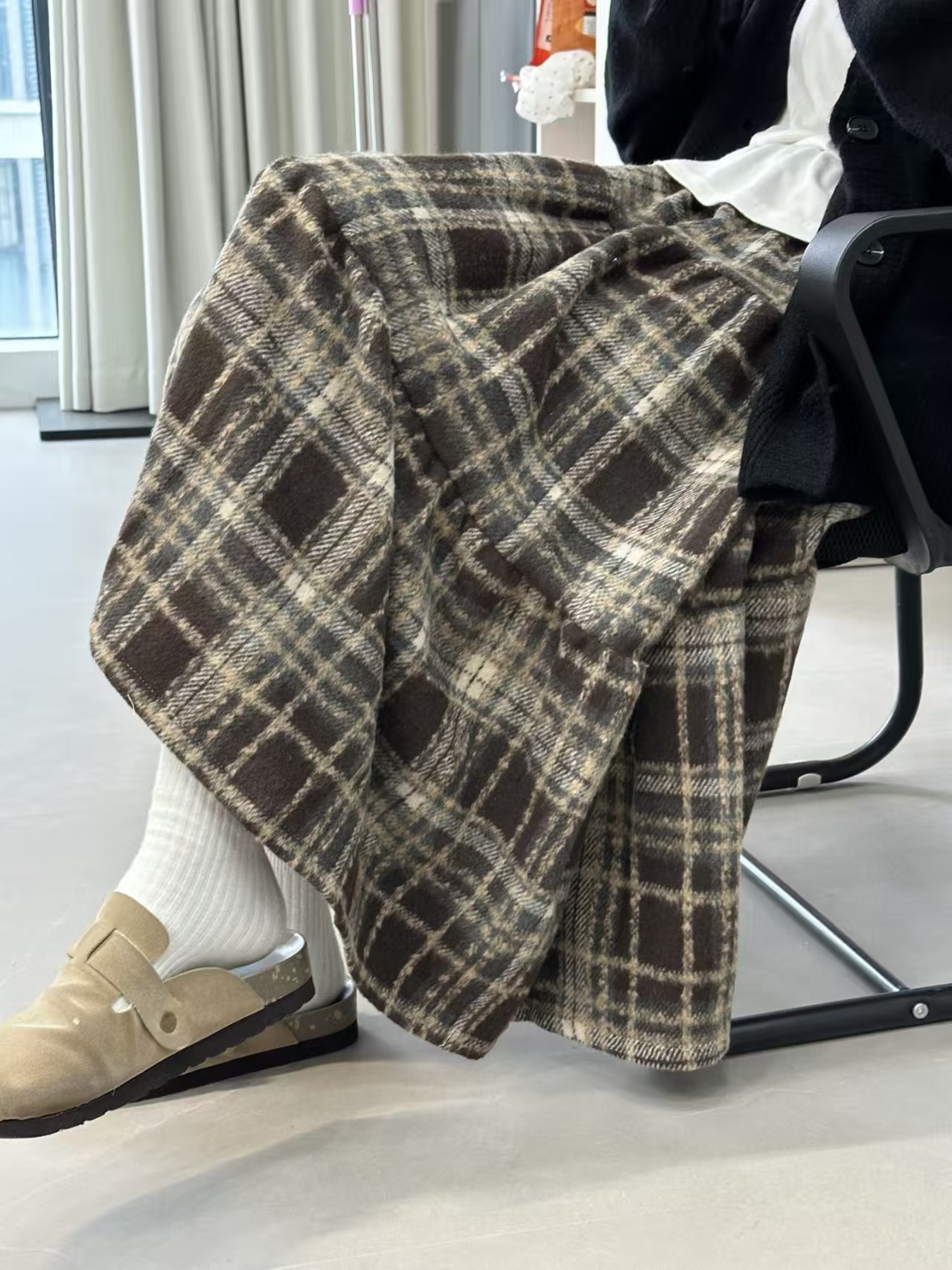 （001-100）直播选款秋冬A字裙格子慵懒风A型高腰中长裙半身裙复古