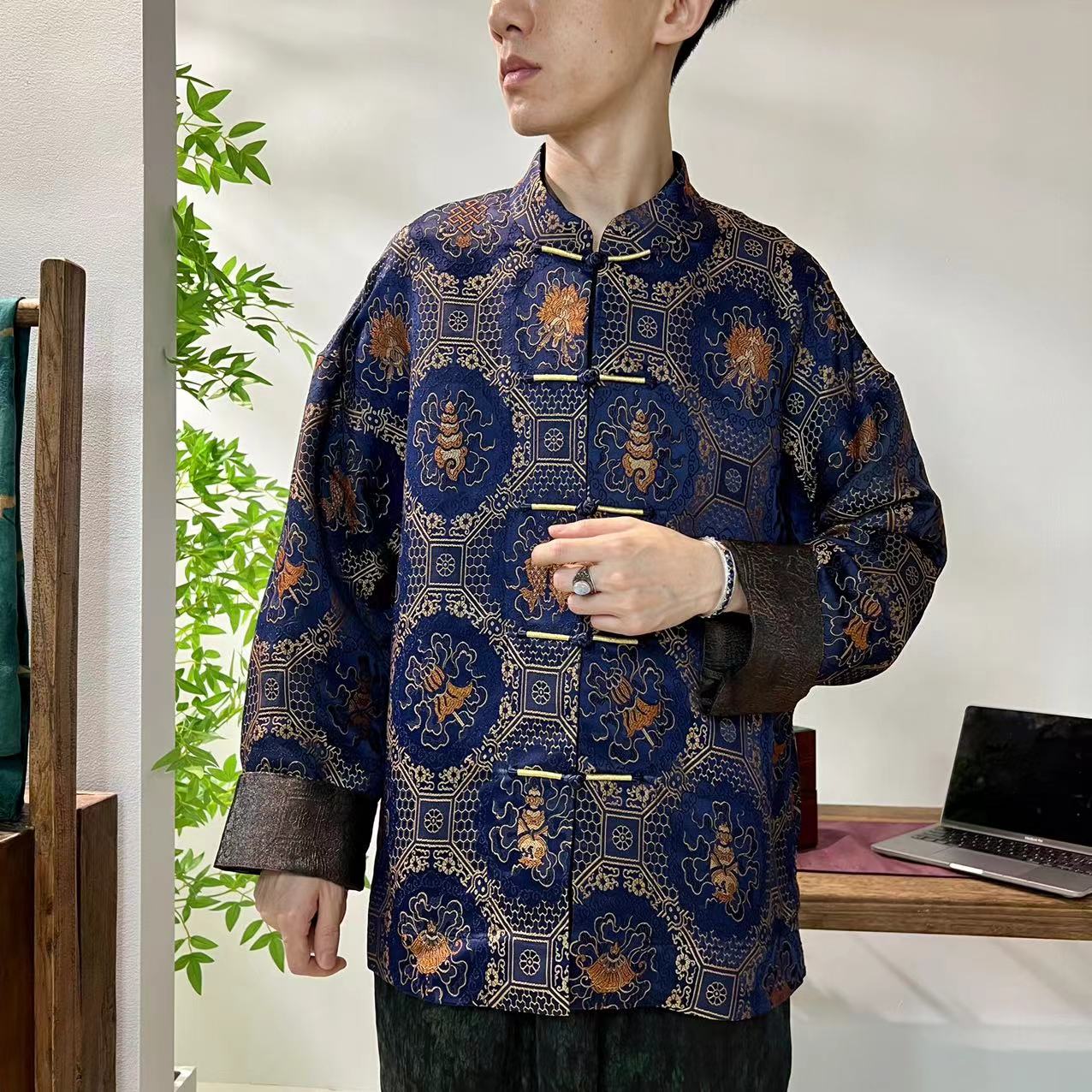 八宝图 - 60姆米桑蚕丝织锦香云纱！新中式国风双面穿唐装外套唐装