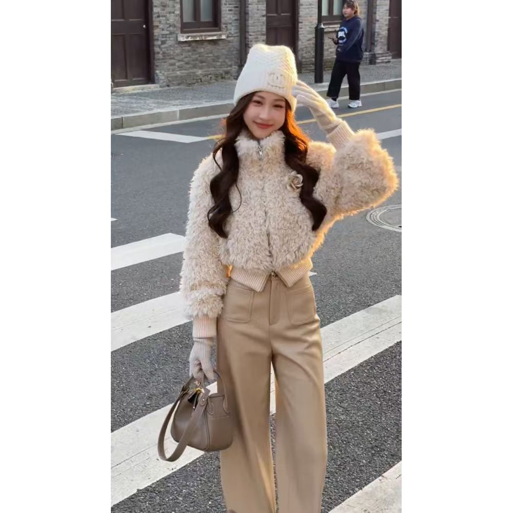 秋冬新款设计感高领百搭收腰毛毛外套