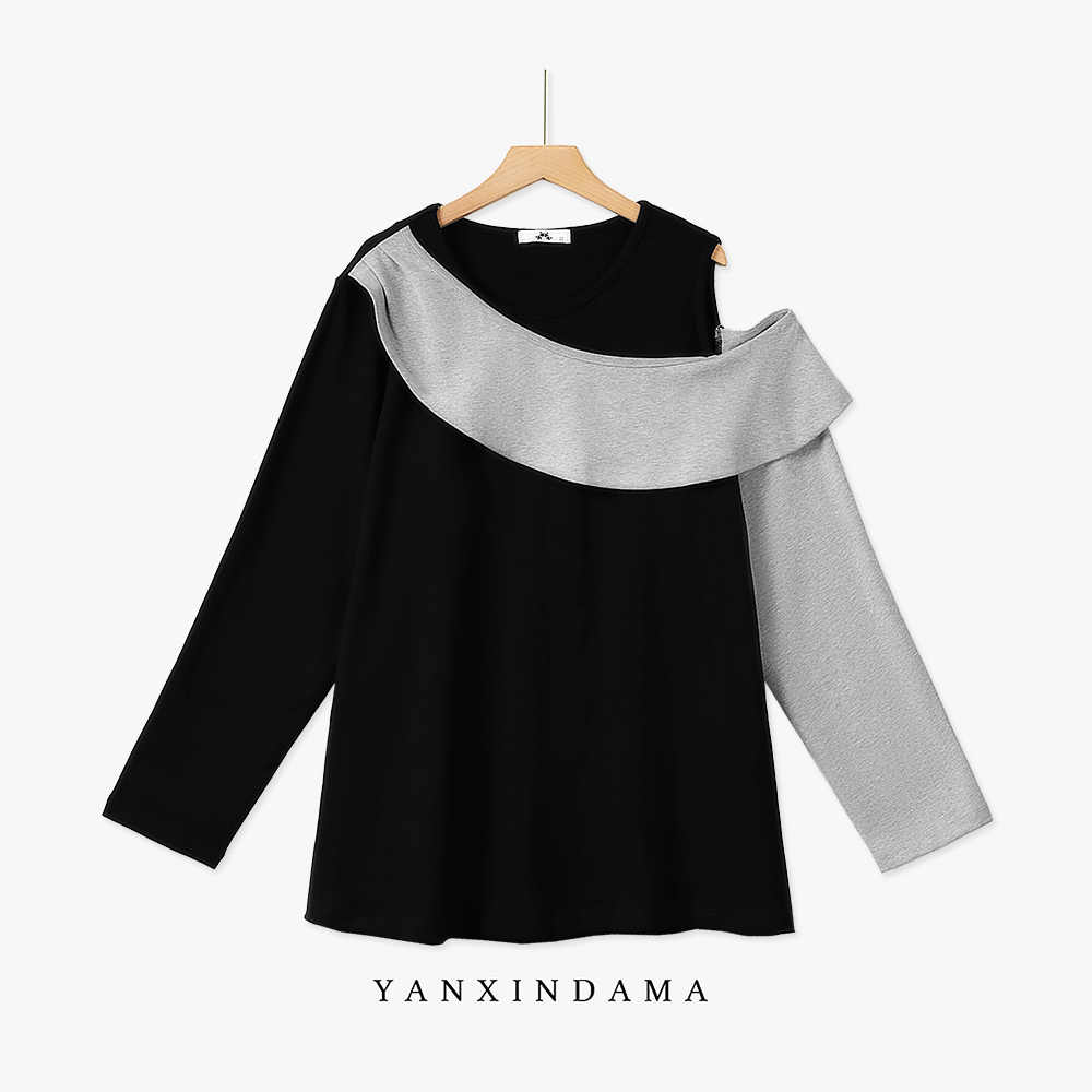 【岩心】大码女装300斤胖MM时尚百搭设计感气质露肩显瘦上衣10201