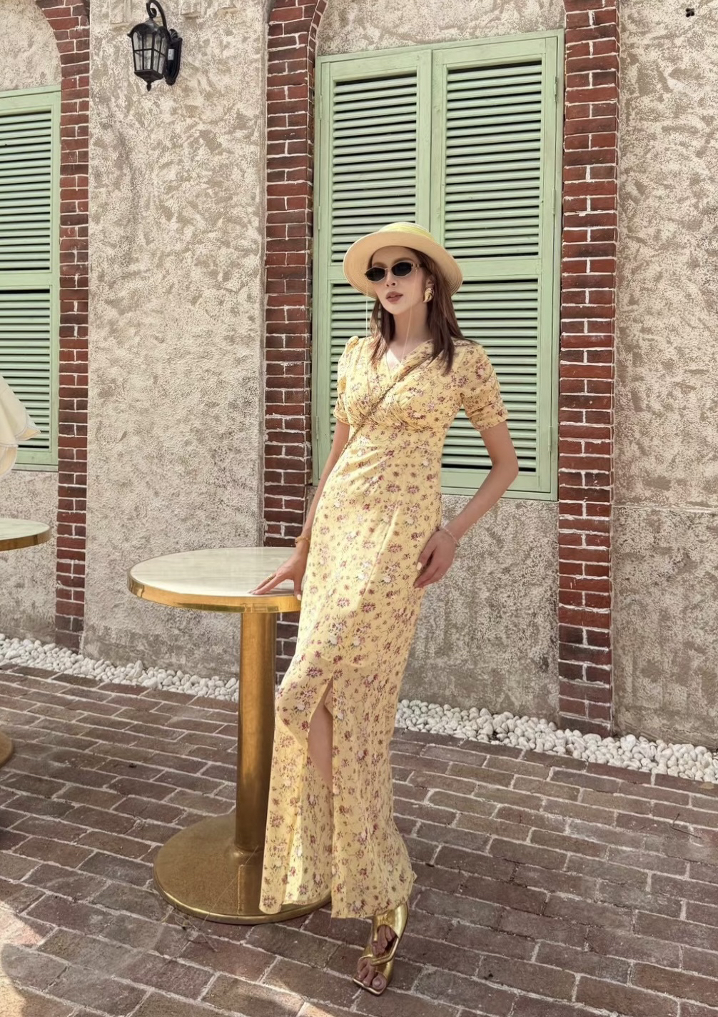 GIFLONA潮牌女装黄色碎花连衣裙