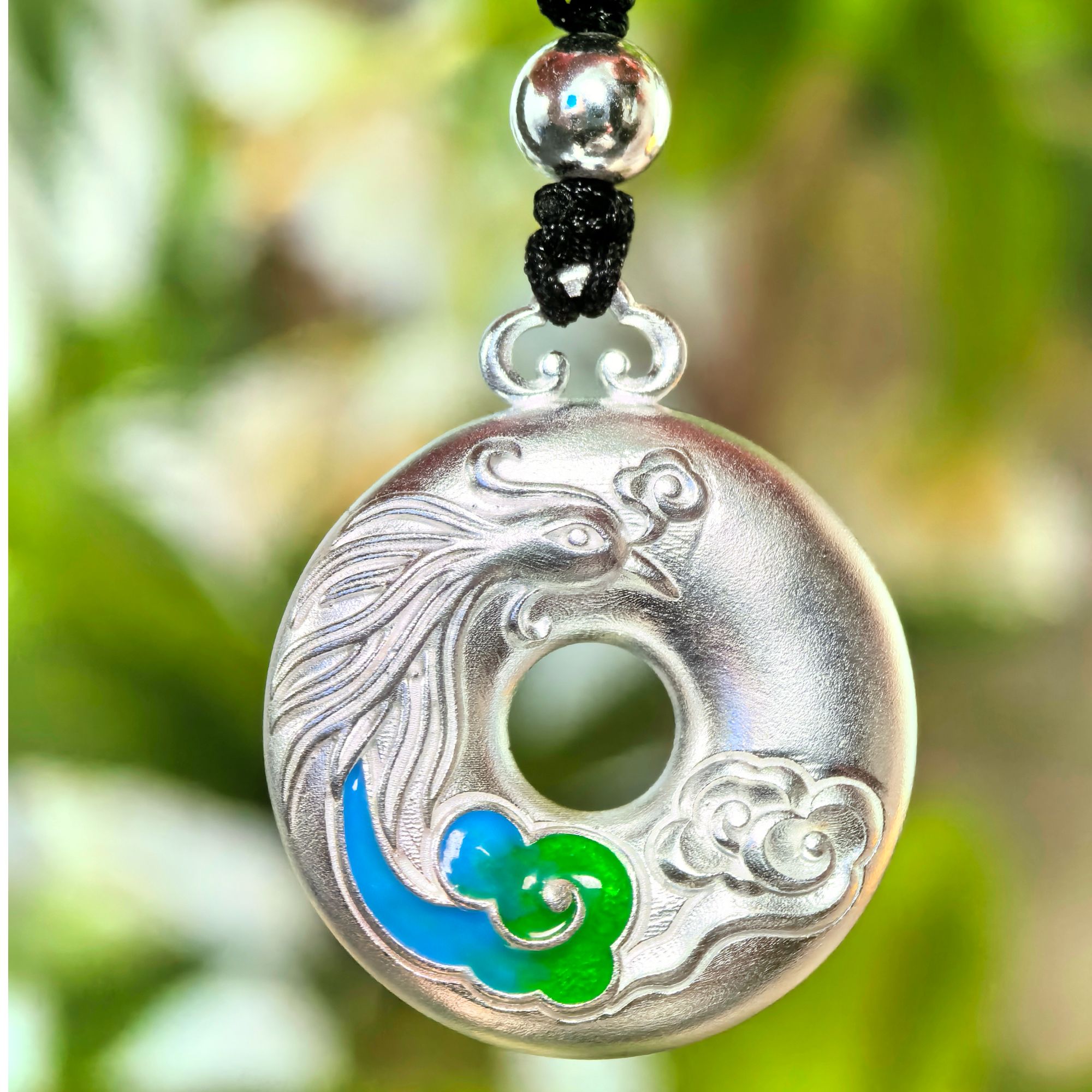 吊坠足银 足银吊坠复古圆形镂空珐琅凤凰吊坠