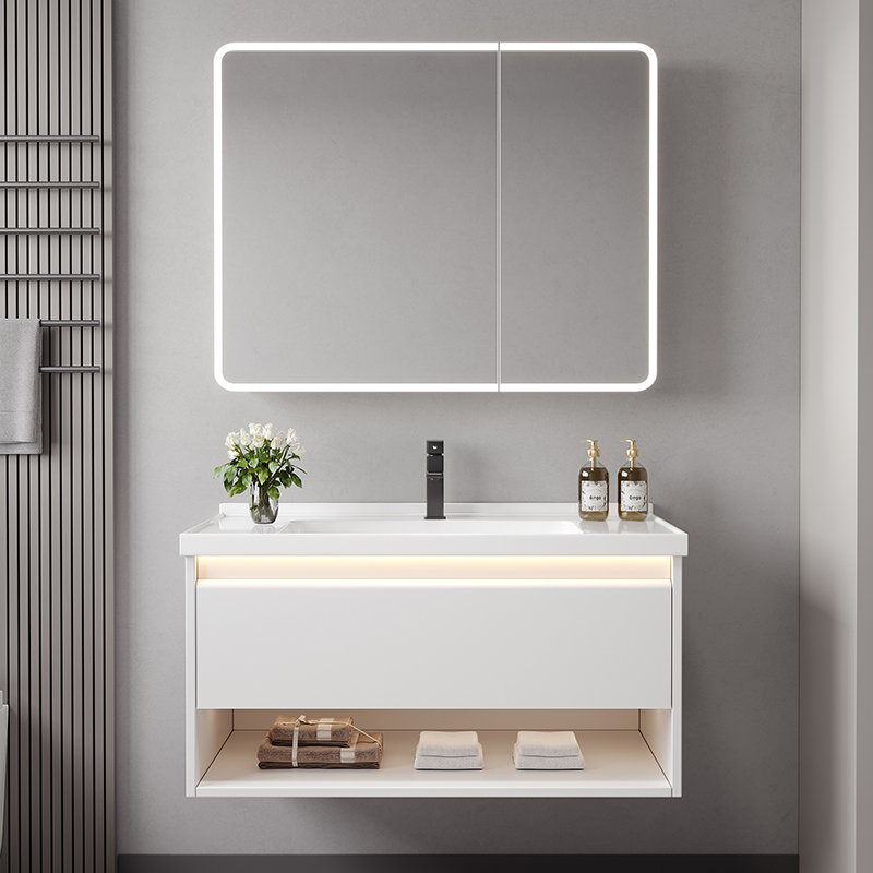 焕新家奶白不锈钢卫生间防水浴室柜组合陶瓷一体盆浴柜