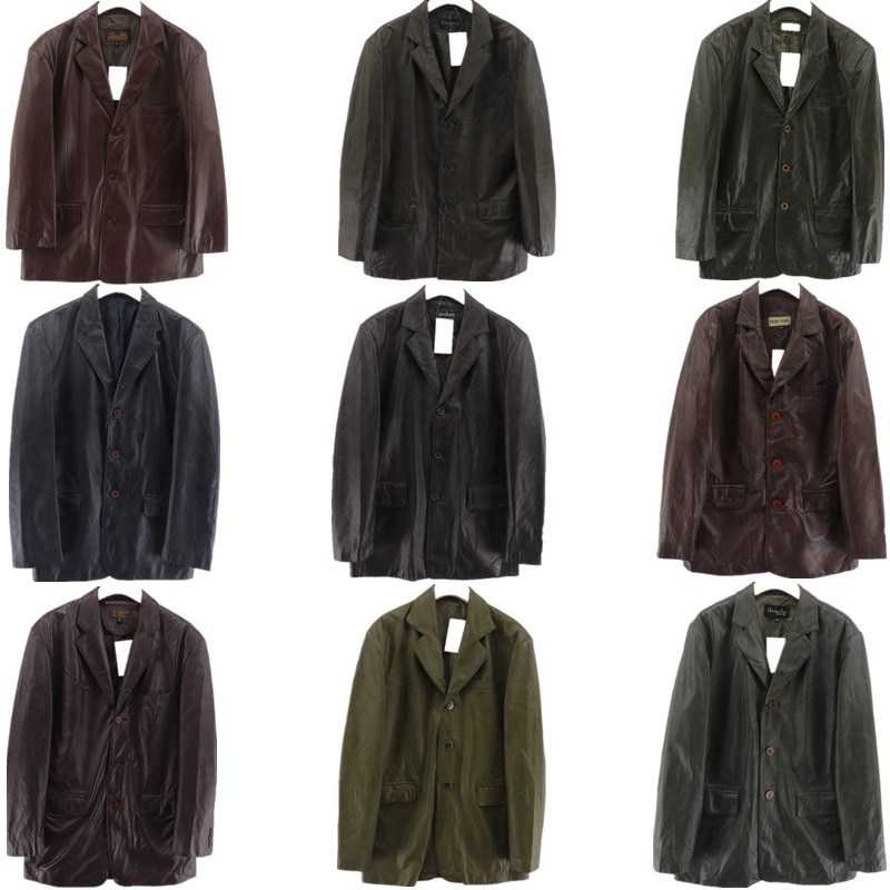 辰意vintage古着皮衣羊腿袖宽松复古西服显瘦真皮西装专拍