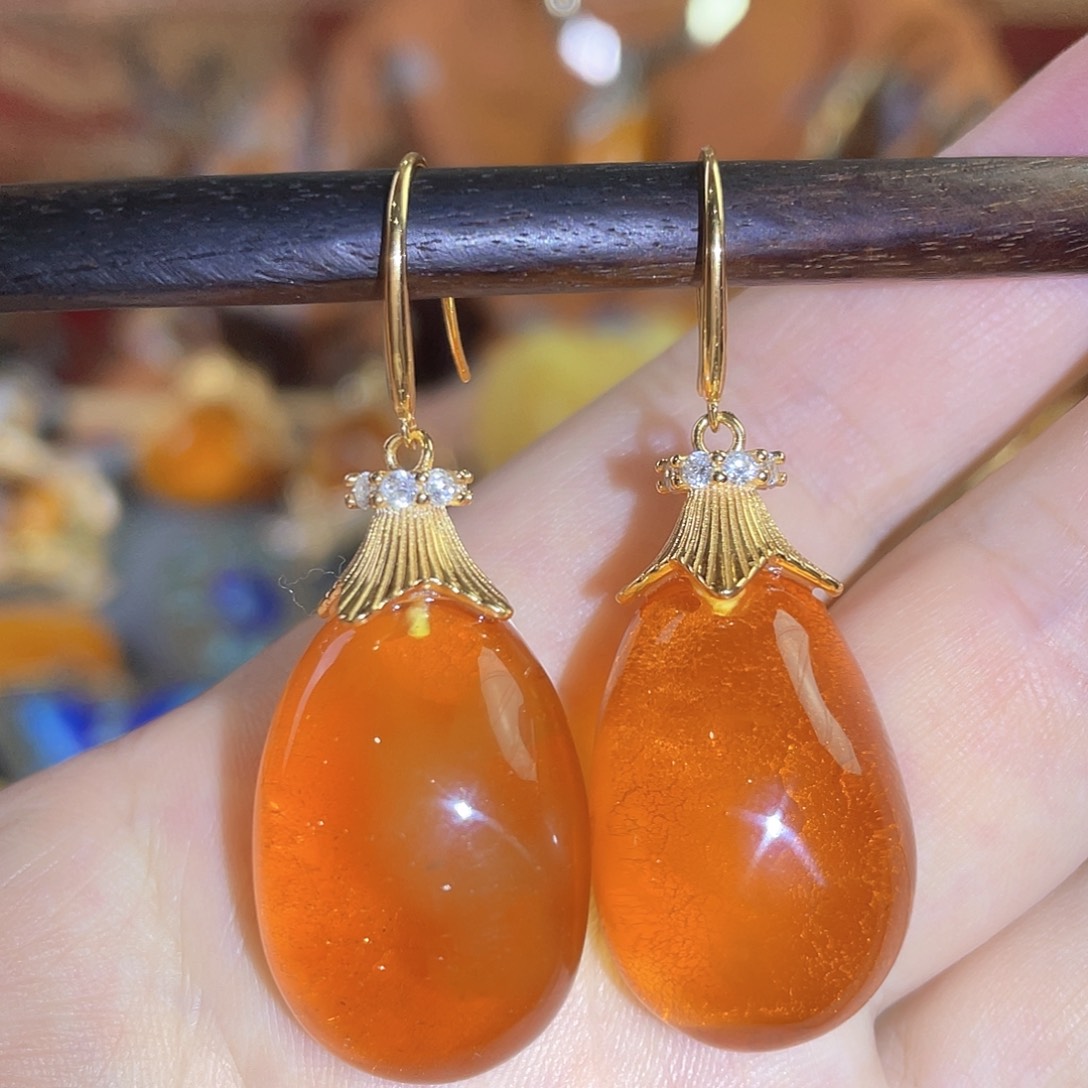 琥珀耳环银S925镀金镶嵌