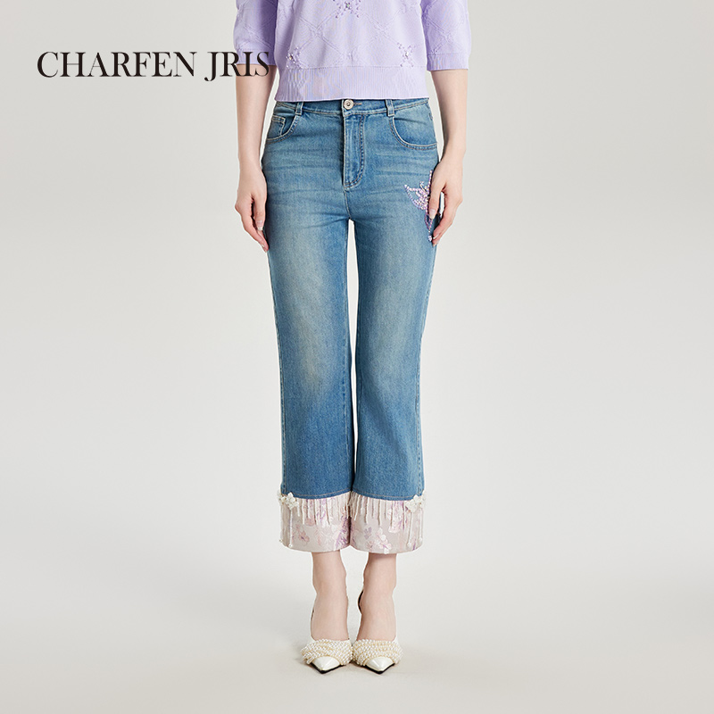 【达人专享】朝峰新款新中式复古丹宁微喇牛仔裤FJE3A601-6002P