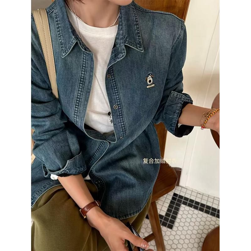 韩版设计感小狗刺绣加绒牛仔衬衫女冬季2025新款打底衫叠穿外套潮