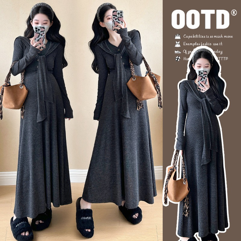 秋冬韩系花纱针织V领带披肩长款两件套连衣裙