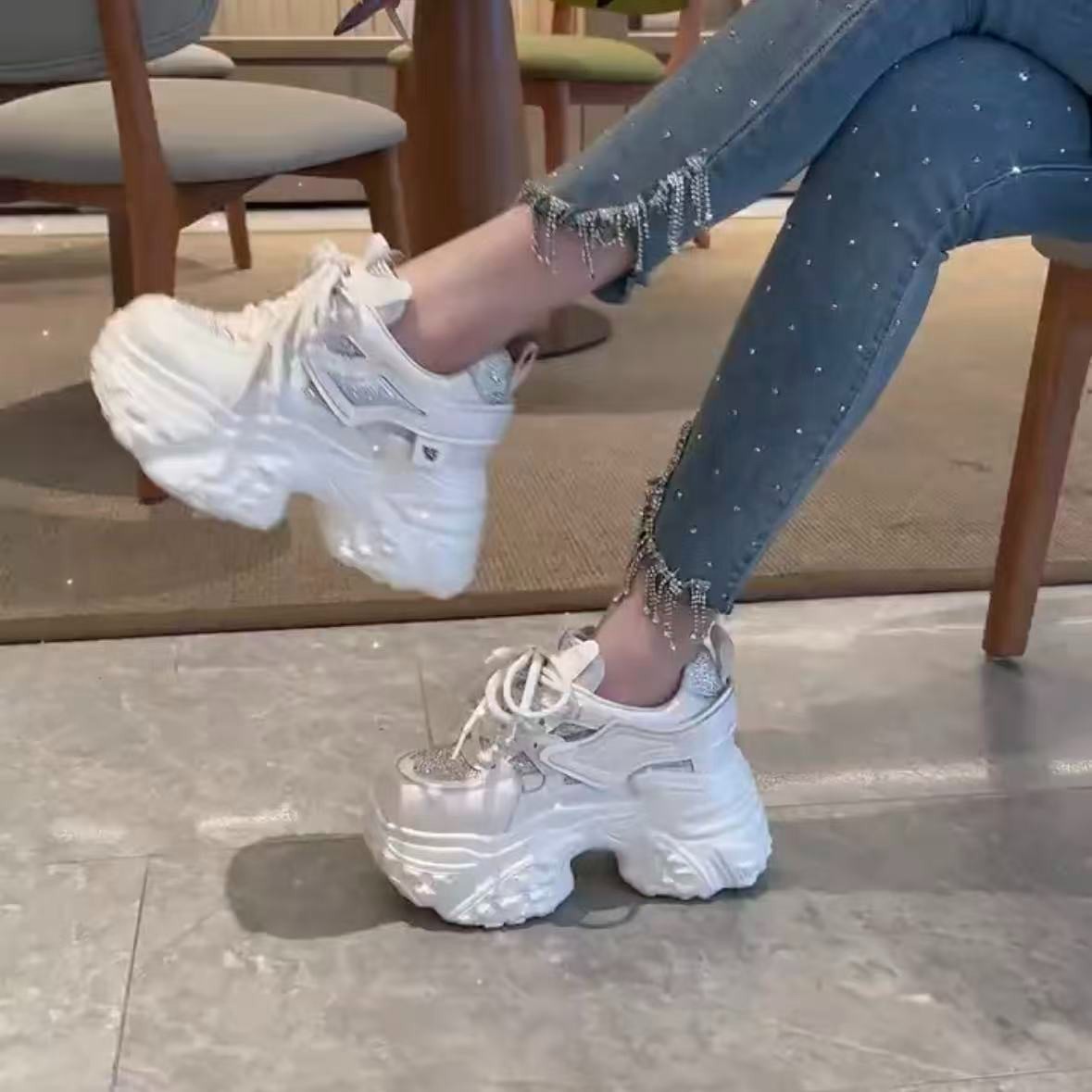 (陈陈)小个子亮片透气厚底老爹鞋女2025秋季新款百搭增高休闲鞋