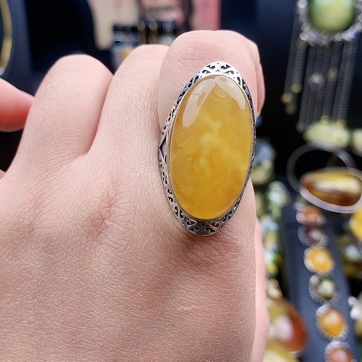 琥珀裸石银S925镶嵌戒指