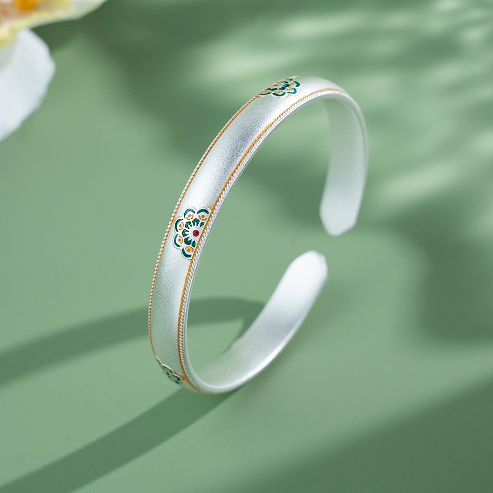足银手镯 L59足银999.9如意宝相花珐琅彩精致女款足银手镯