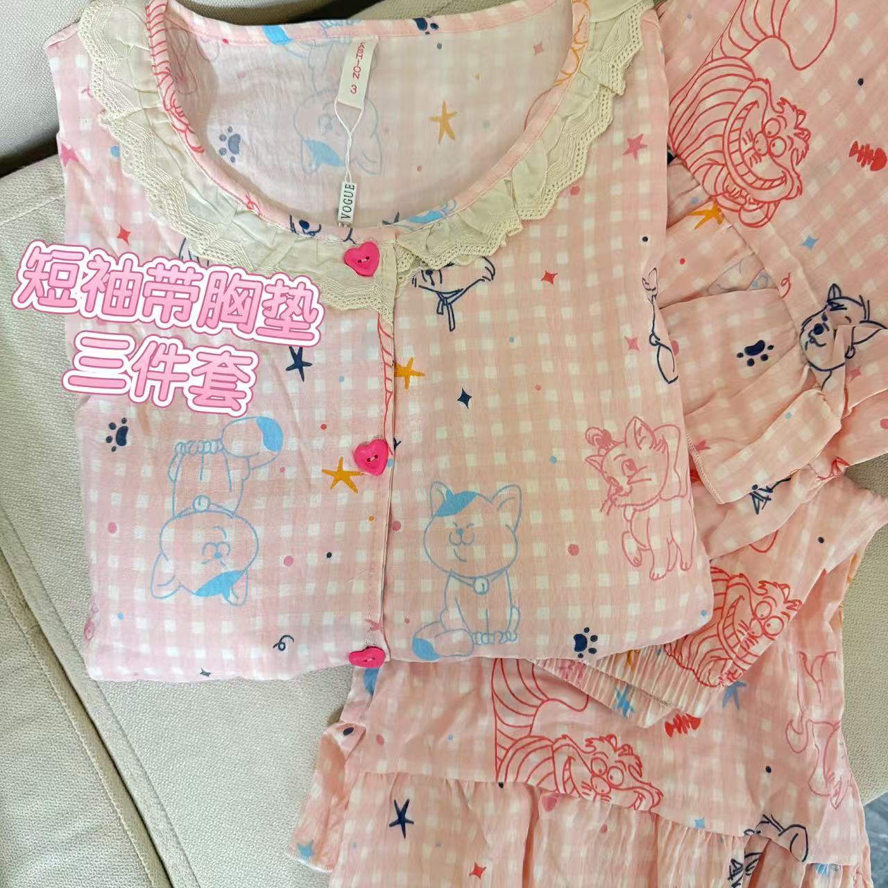 夏季新款可爱满印玛丽猫带胸垫三件套