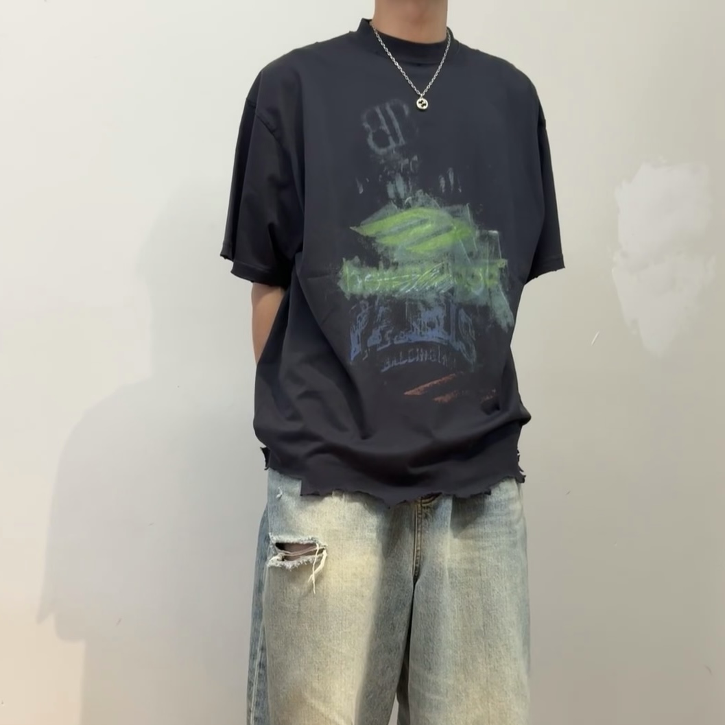 陈巴黎25ss涂鸦破坏重磅短袖宽松休闲男女同款
