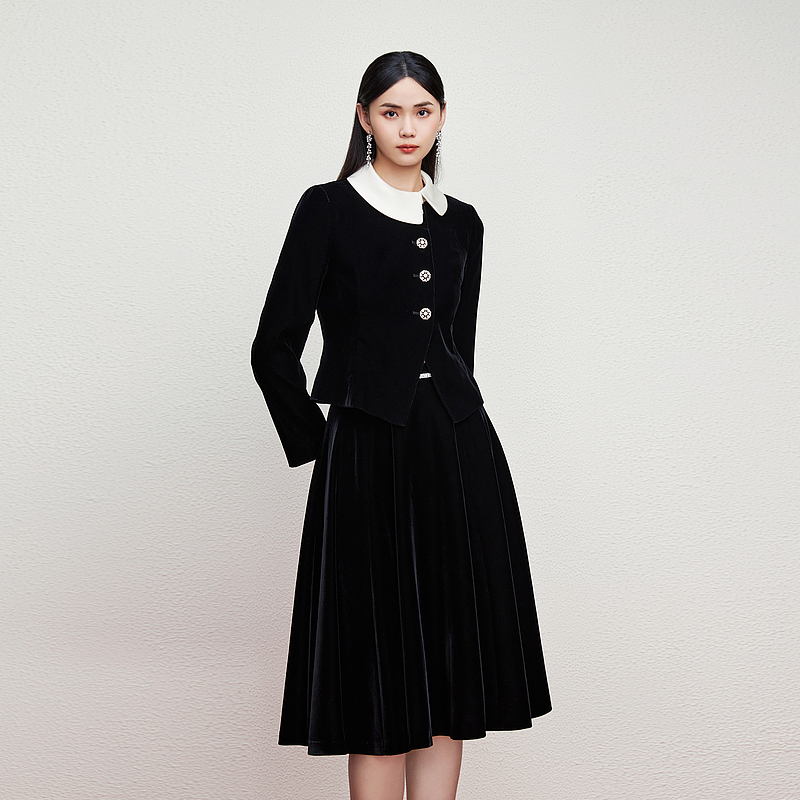 复古香槟领丝绒短外套2024年新款撞色优雅时尚-MJFC04VJK666B11