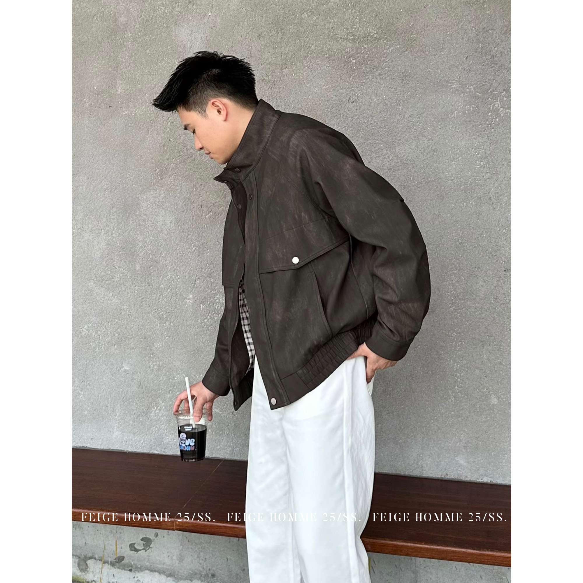 APENG秋 做旧肌理感脏染免烫男士休闲立领皮衣夹克外套#8888