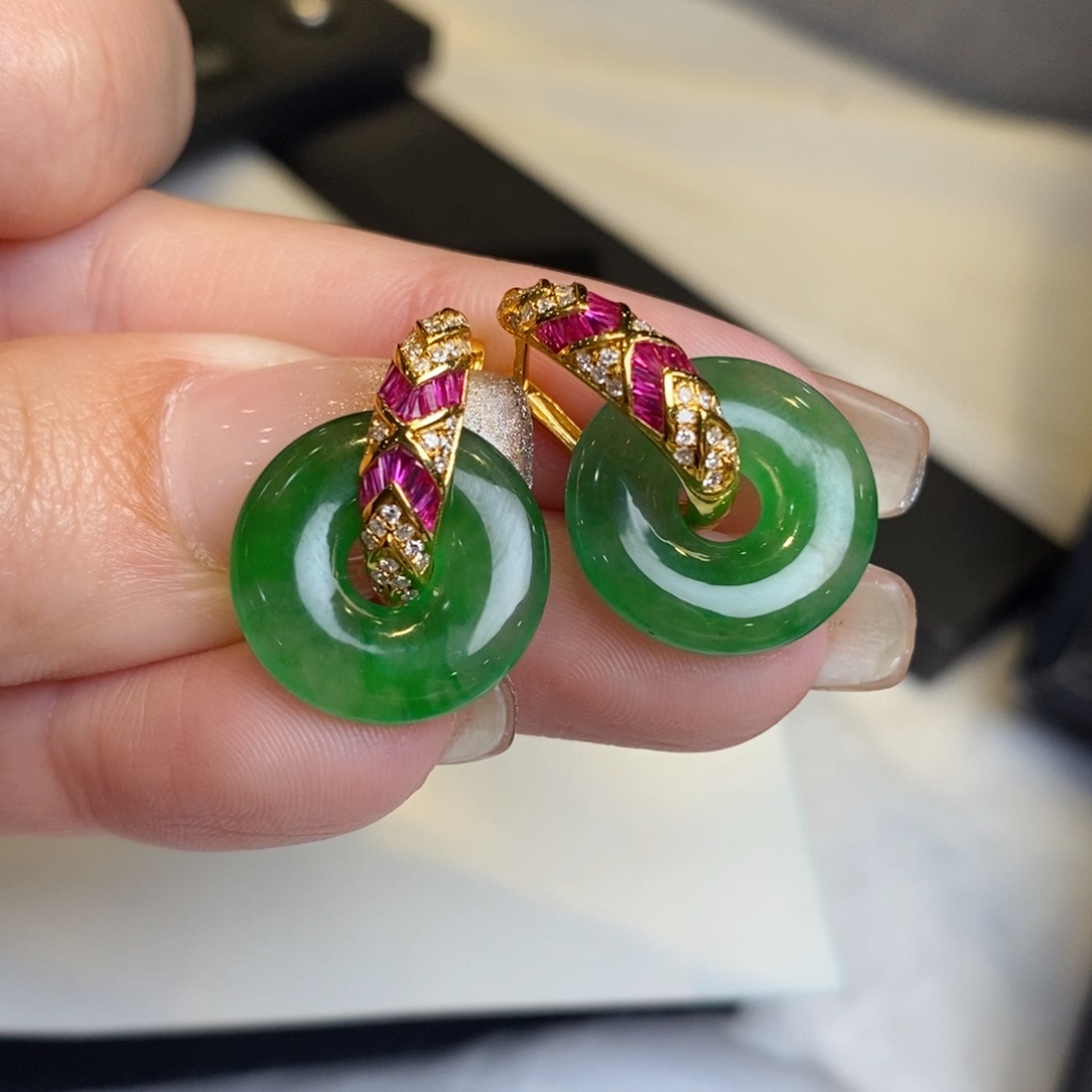 翡翠耳饰18K金镶嵌甜甜圈