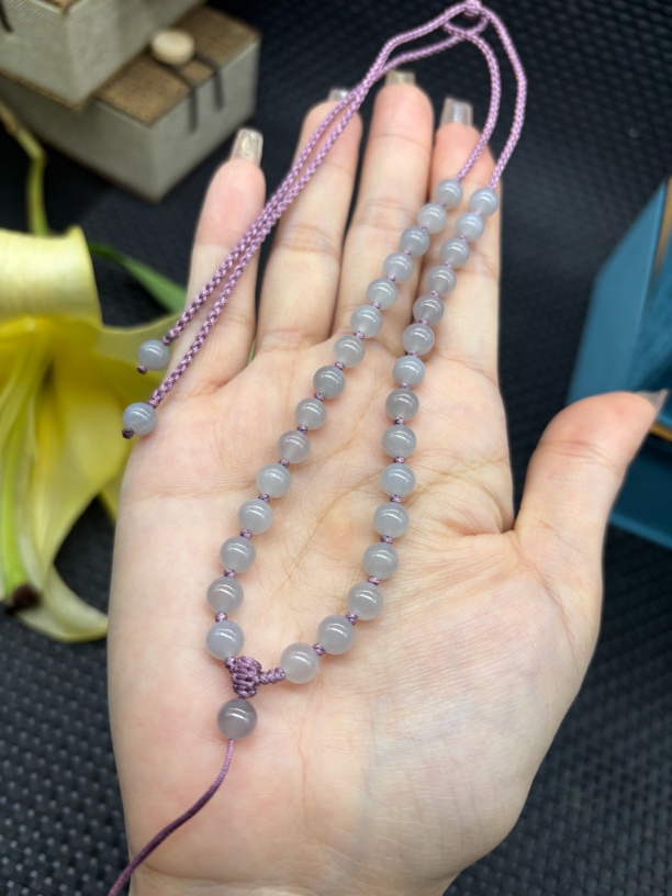 天然和田玉冰烟紫圆珠6mm手工编织挂件绳项链锁骨链调节款百搭款