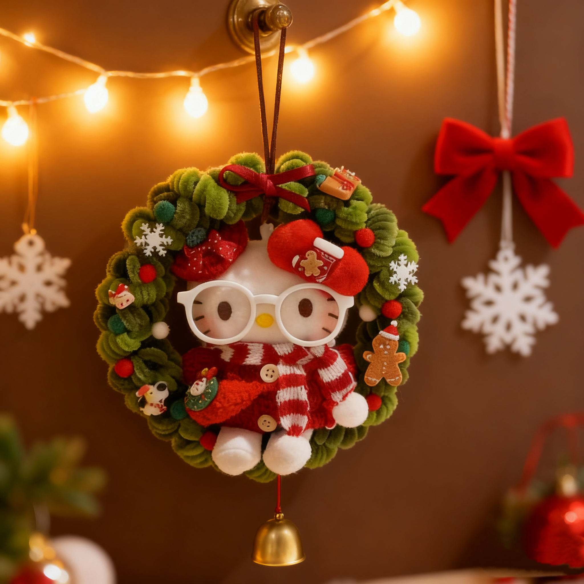 正版hello kitty圣诞花环挂件可爱卡通毛绒车挂包挂摆件