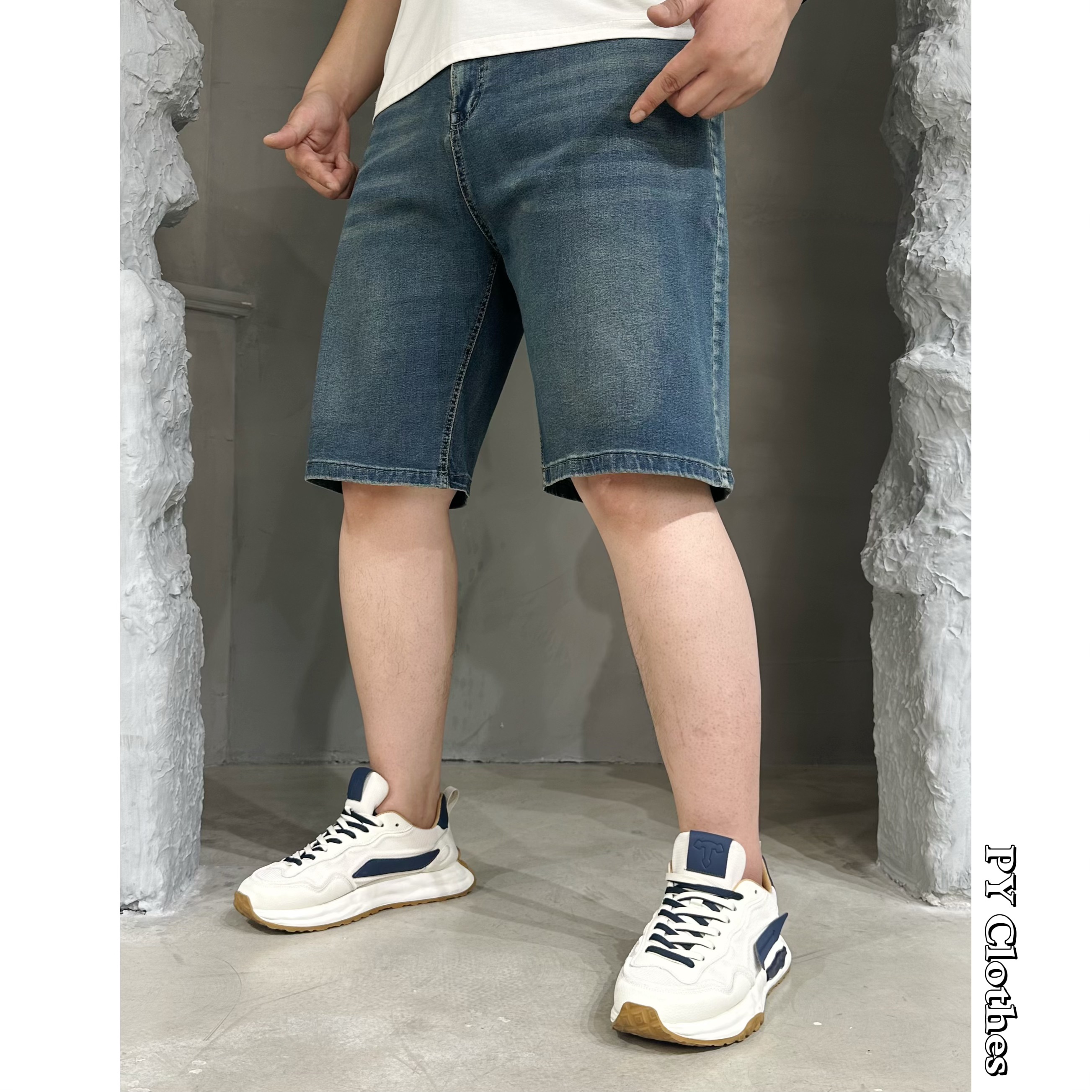 胖语大码男装 2025夏季新款简约百搭重工水洗复古蓝牛仔短裤638#F