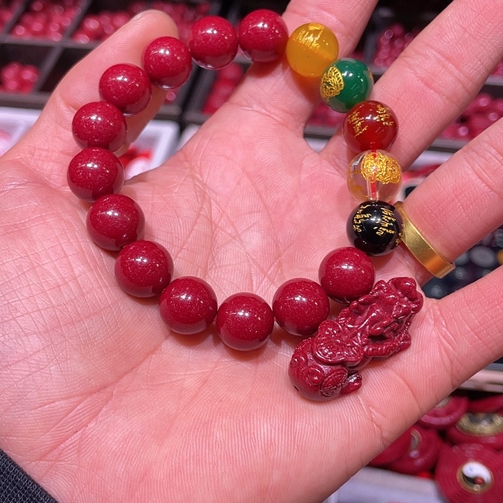 天然辰砂紫金砂12毫米光珠10颗五路如意貔貅1