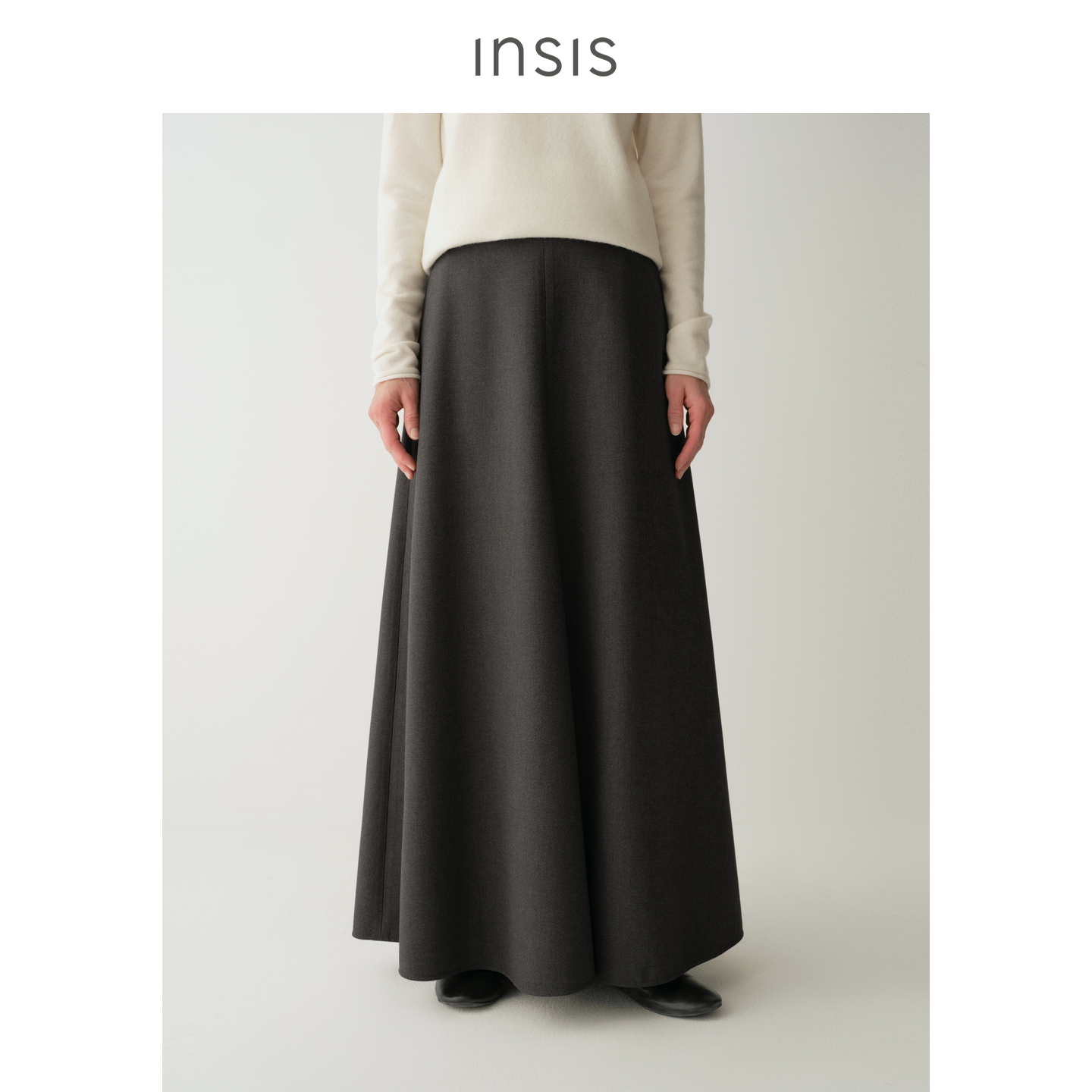 INSIS FEMME高克重羊毛2025冬复古无腰头垂坠感长款半身裙伞裙女