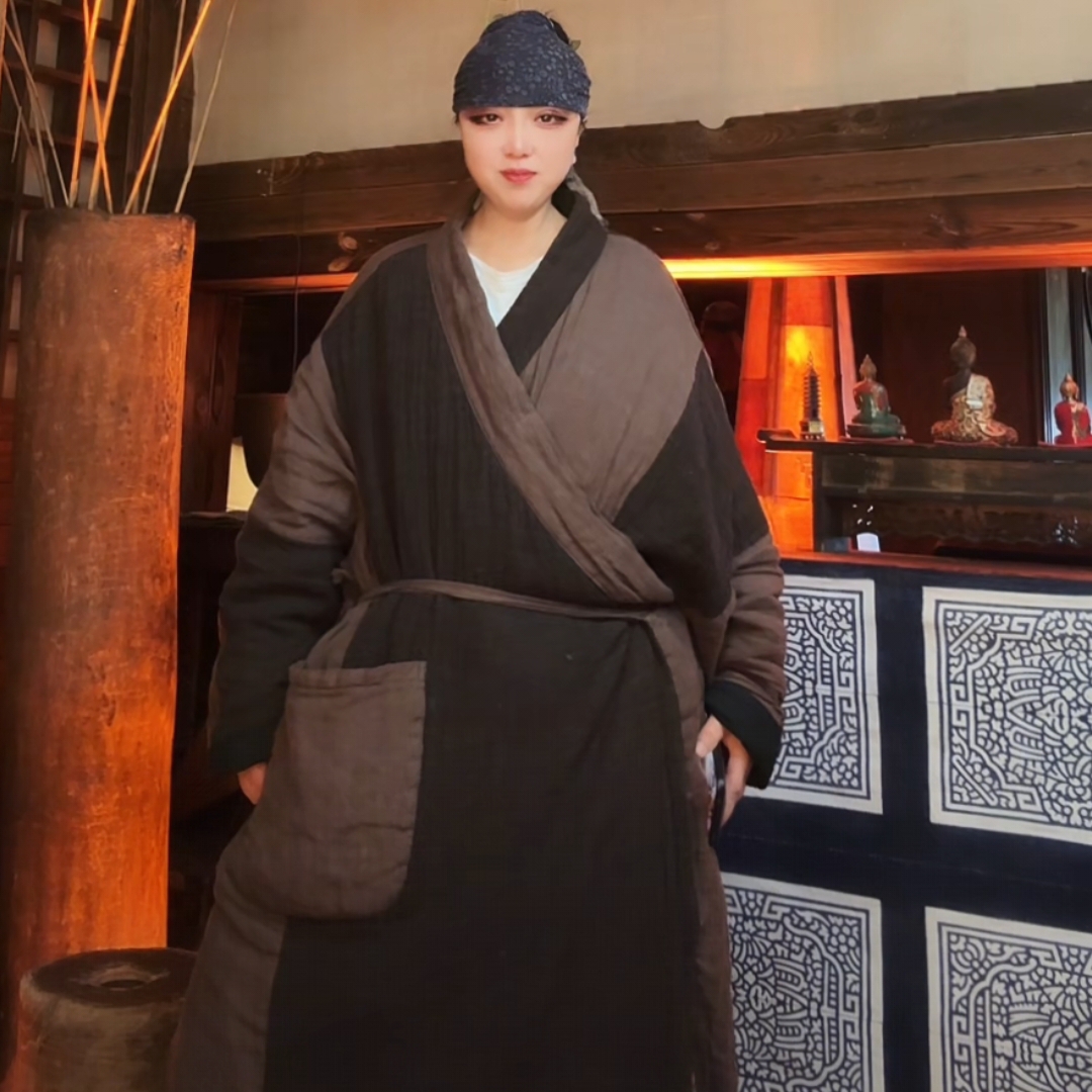 東森家设计师新款百搭亚麻拼接绑带棉外套