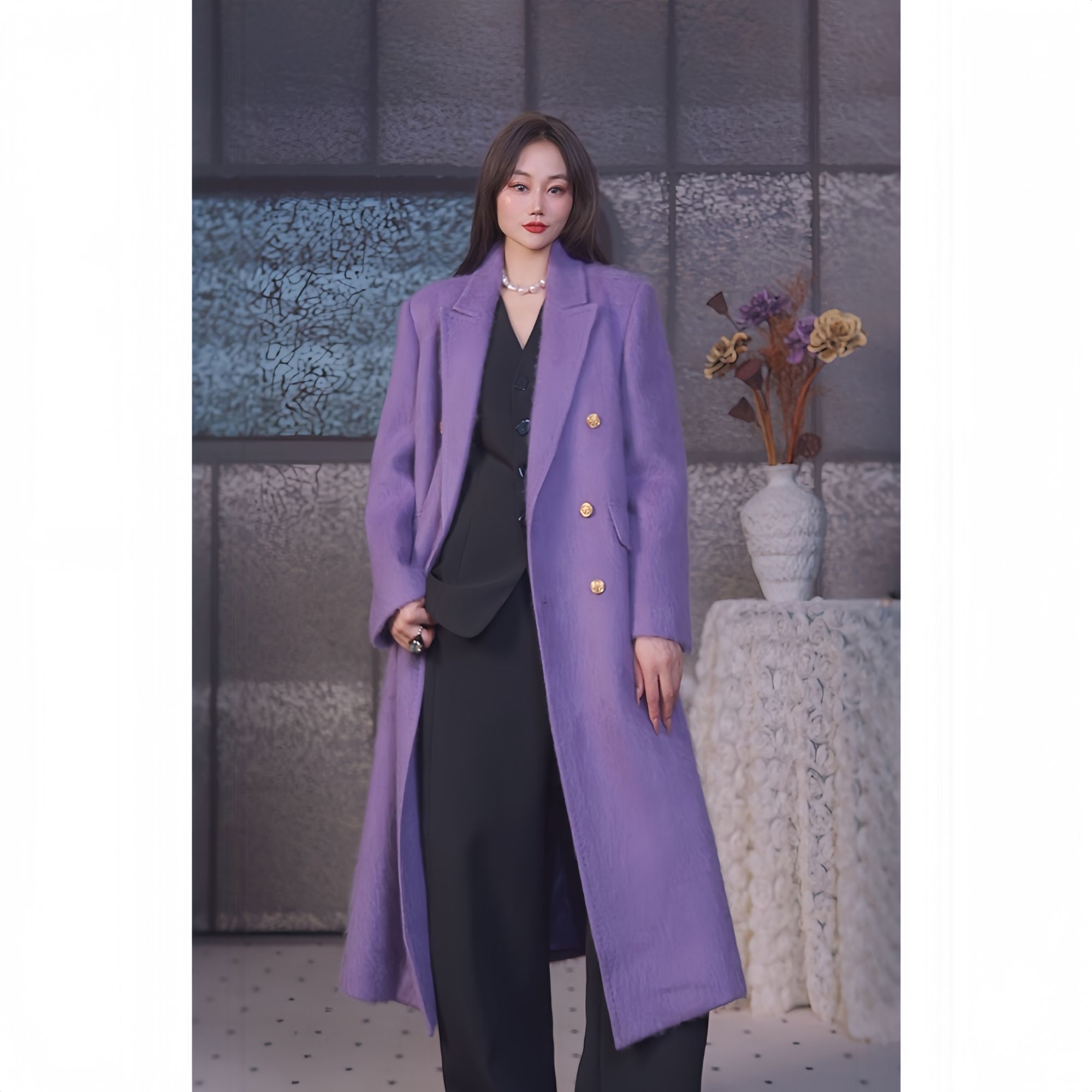 秋冬新款羊毛拉毛长款大衣女毛呢外套通勤休闲双排扣设计显高气场