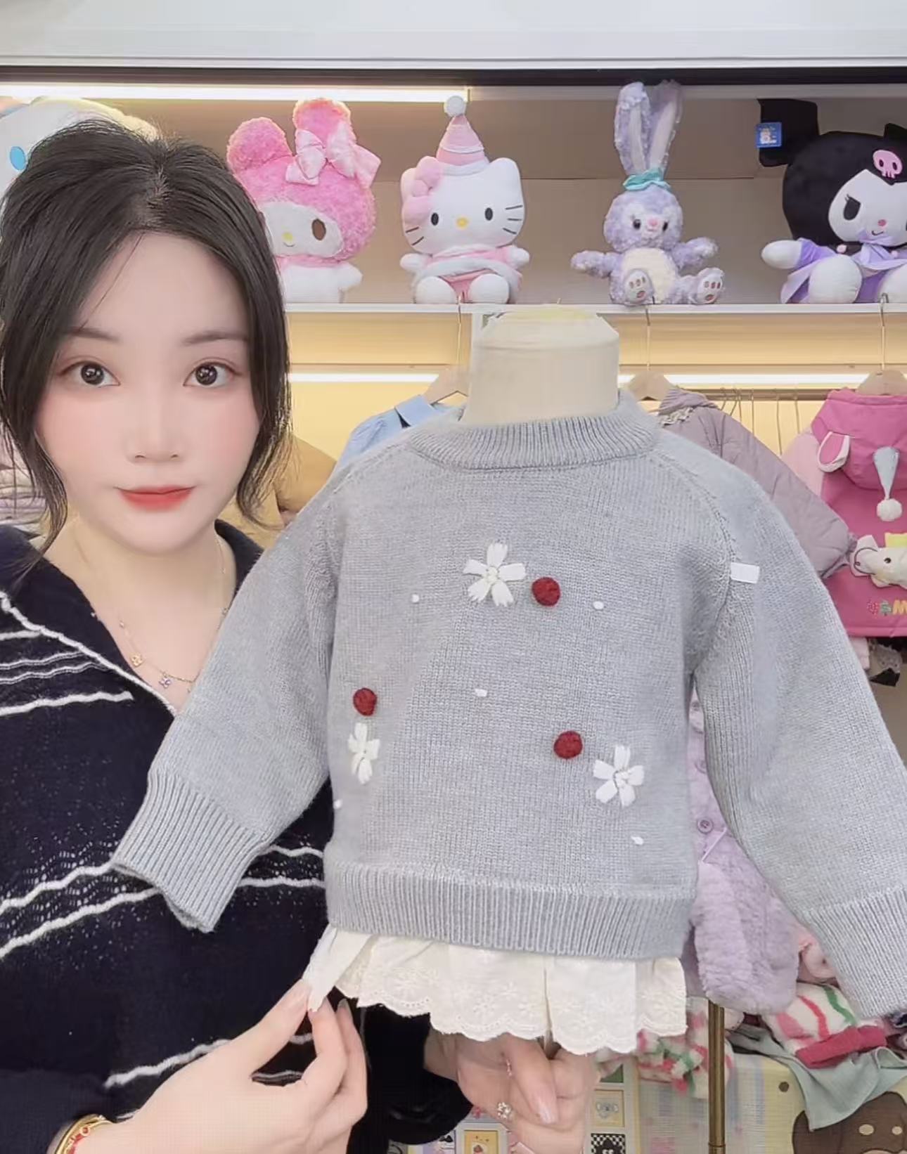 【谷谷家】灰色小花花蚕丝毛衣