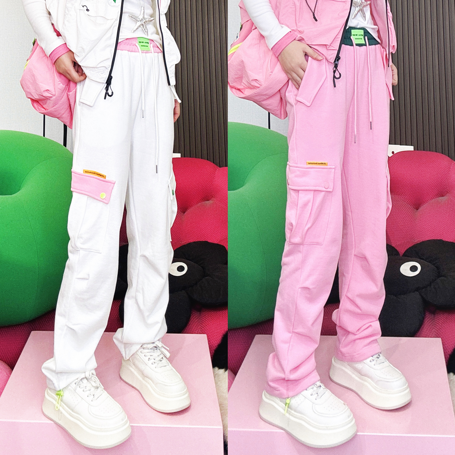 A152秋冬百搭神裤潮牌宽松显瘦撞色时尚直筒长裤纯棉卫裤休闲裤女