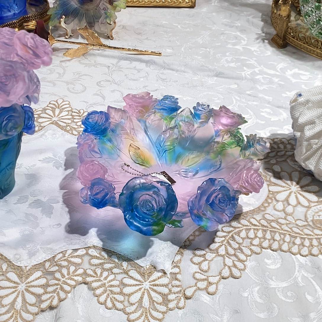 摆件QAA109脱蜡水晶玫瑰花果盘七彩色