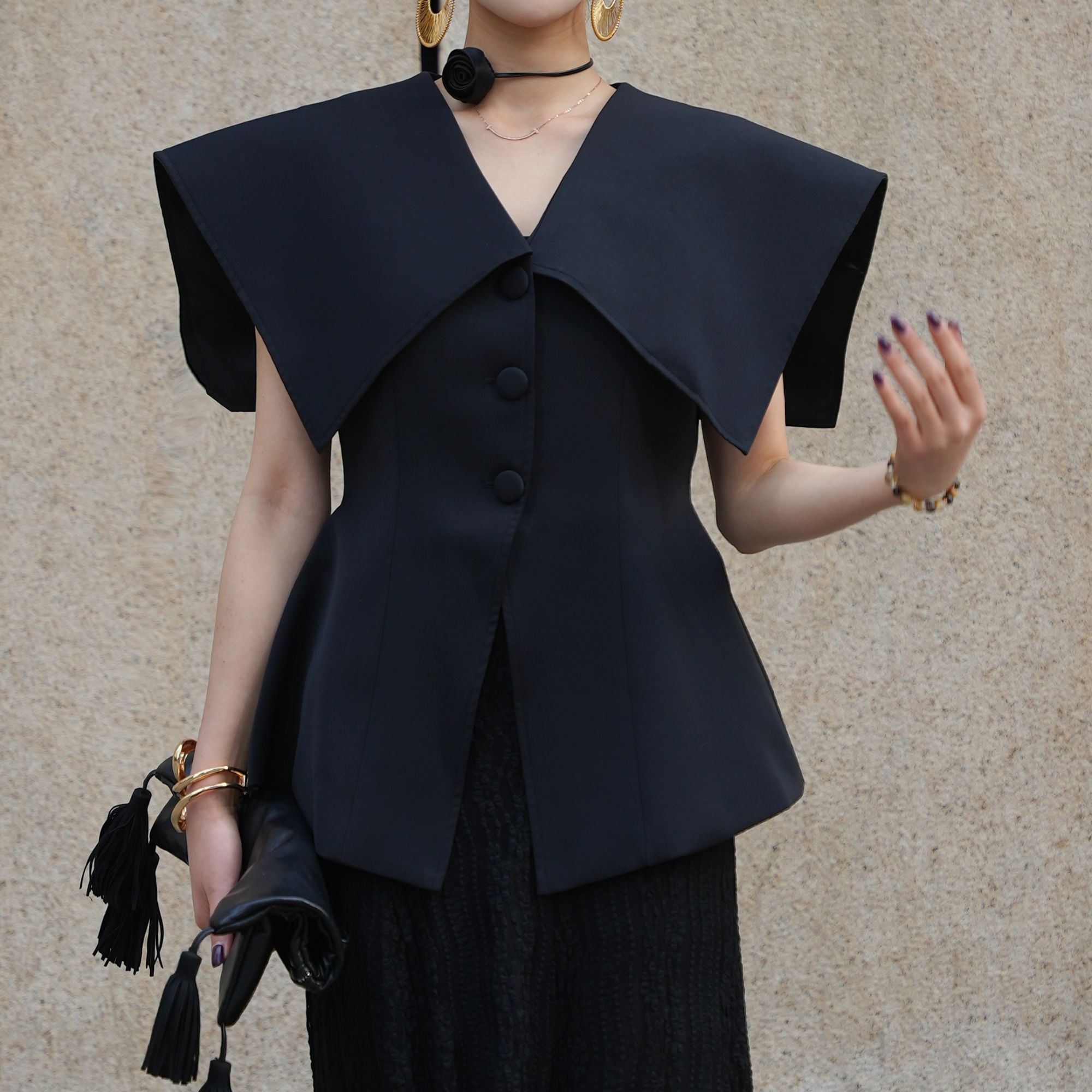 GaiQu“玉蝴蝶”法式复古大翻领显瘦气质廓形立体显瘦气质马夹