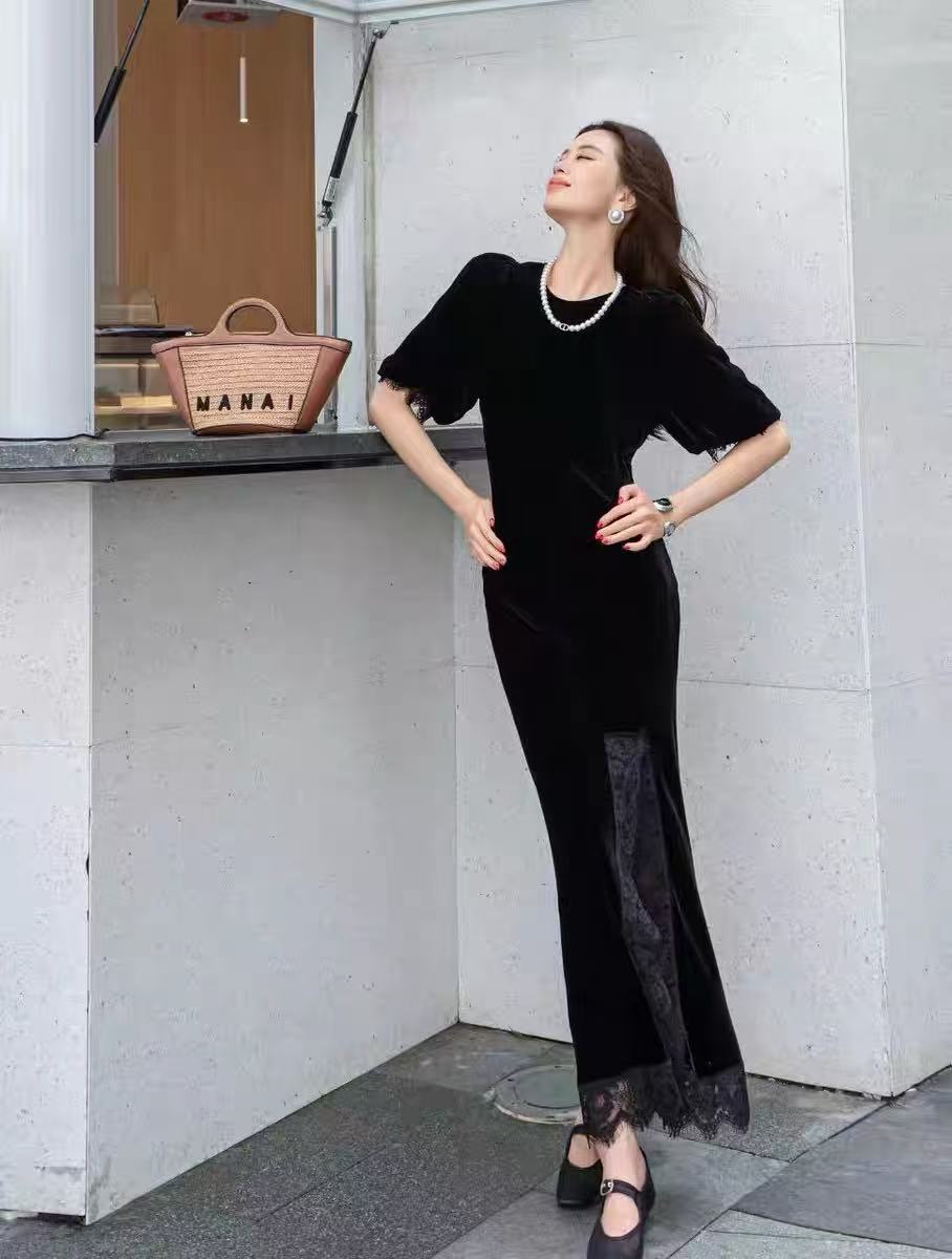 2025真丝丝绒斜裁拼蕾丝连衣裙