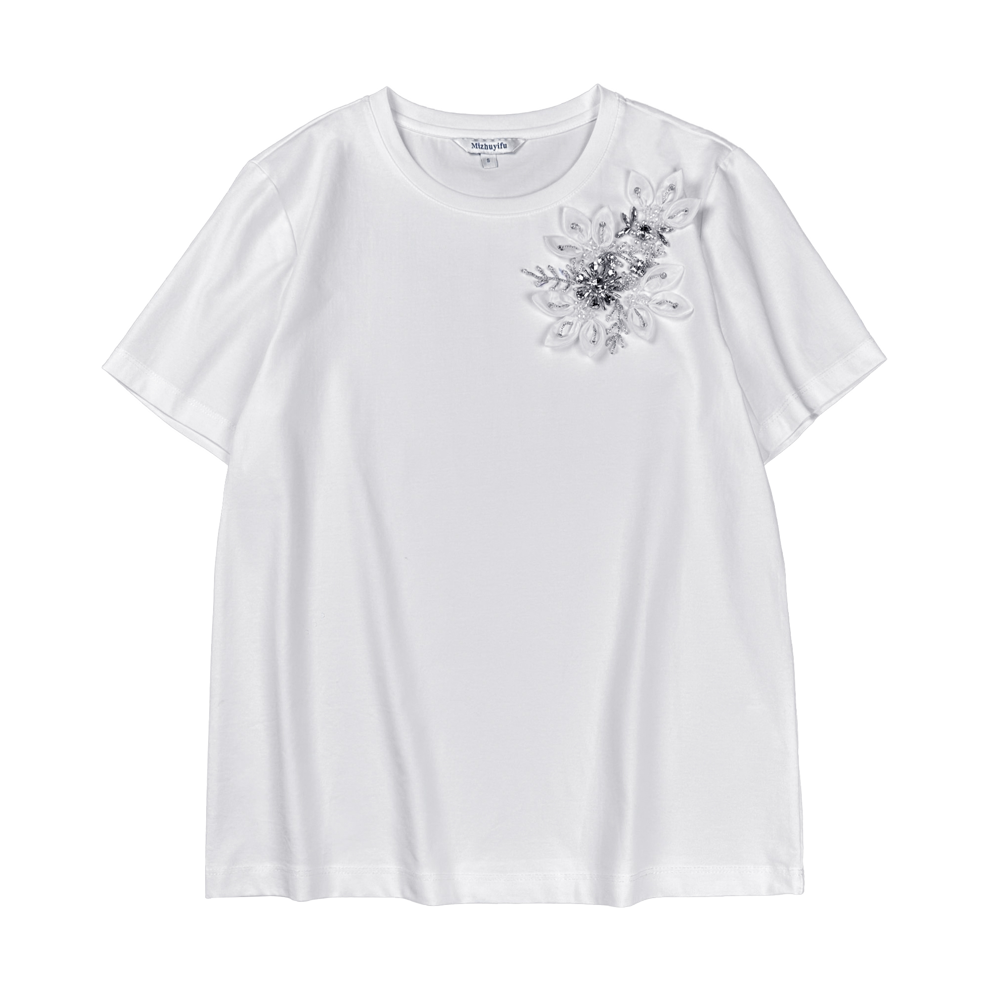 2025白色女装新款轻奢手工艺钉制立体花瓣与闪钻女款高级百搭T恤