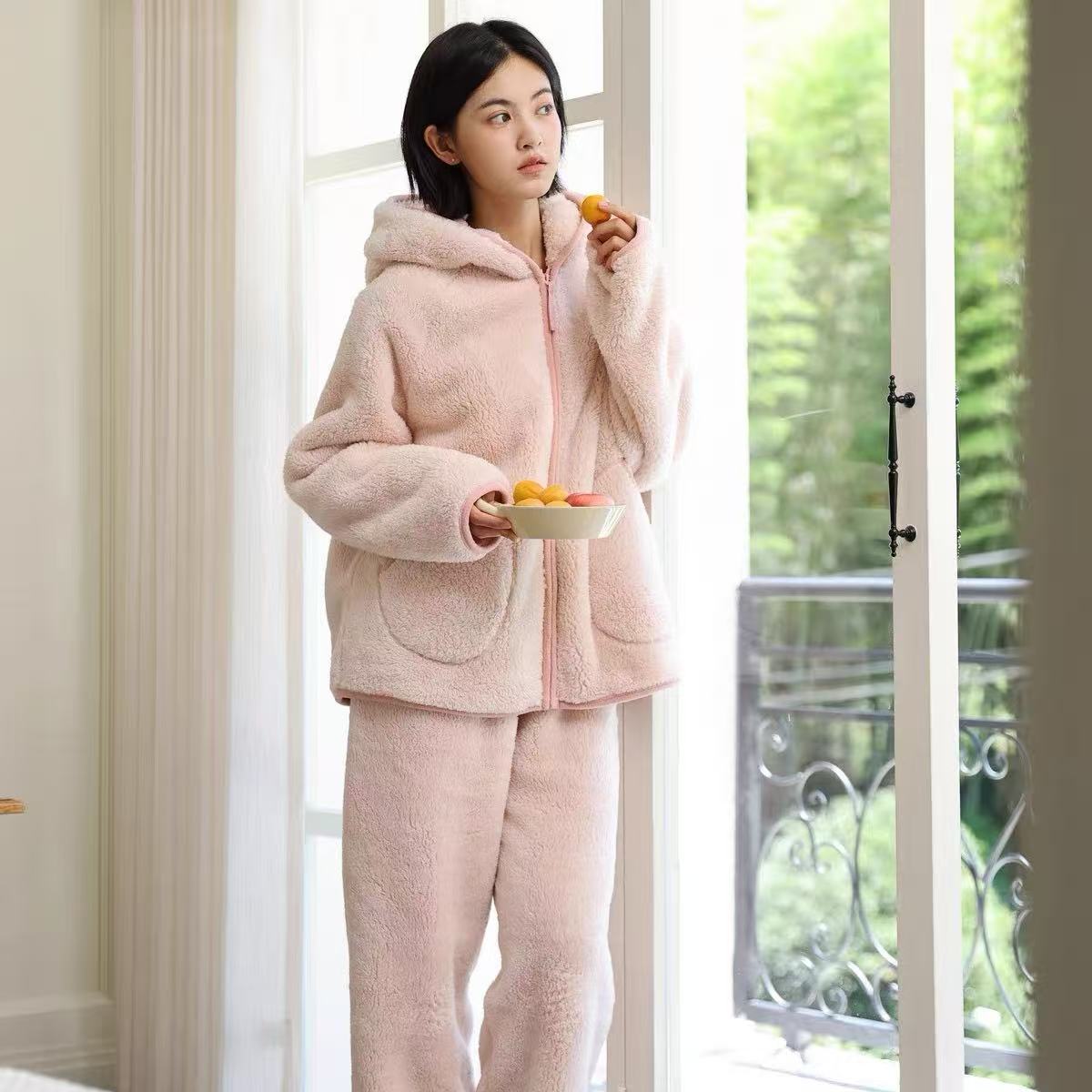 秋冬款加绒加厚连帽泡芙睡衣女保暖套装睡衣可外出韩版家居服网红