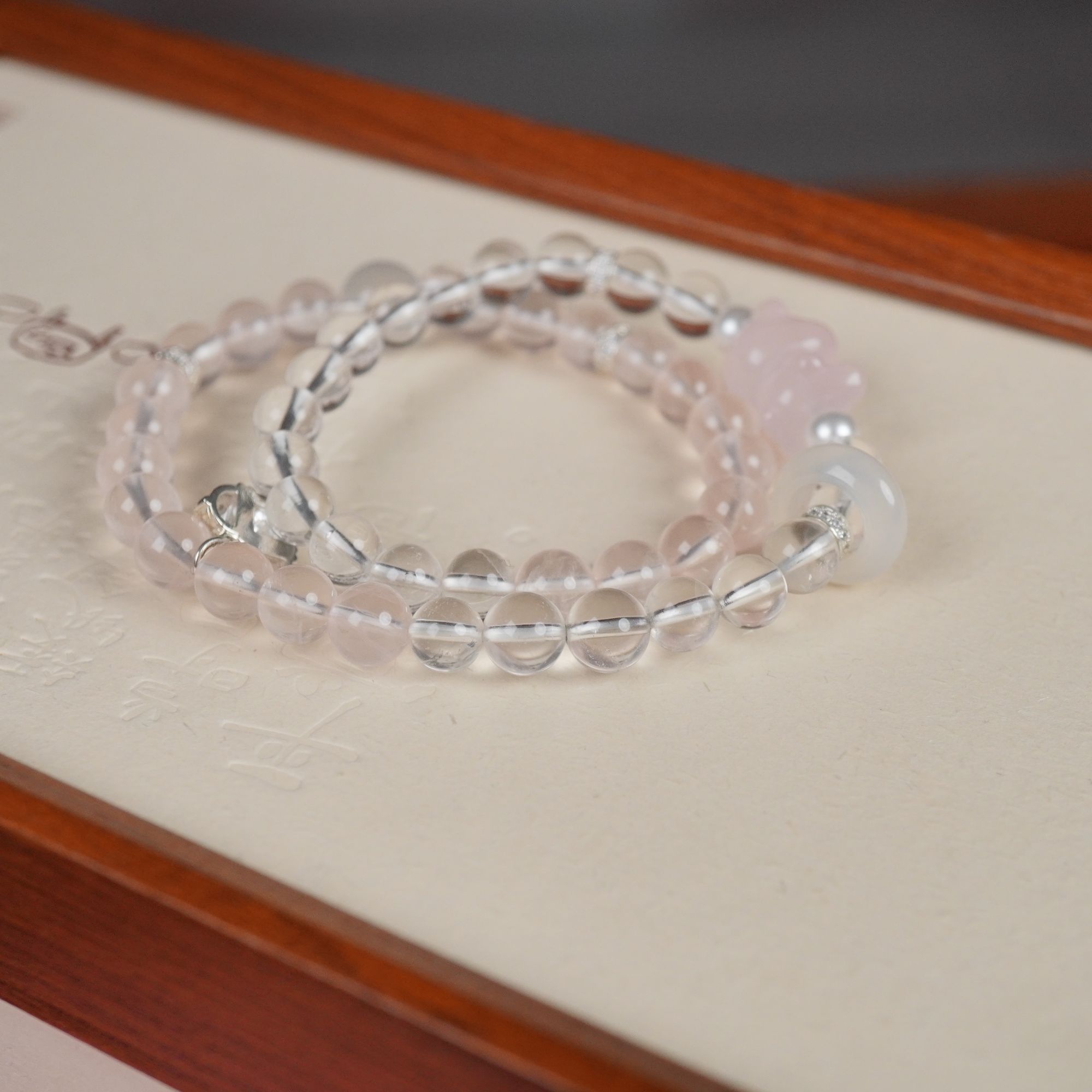 天然白水晶双圈手链女生粉水晶小熊爱情幸福温馨小众设计原创s45