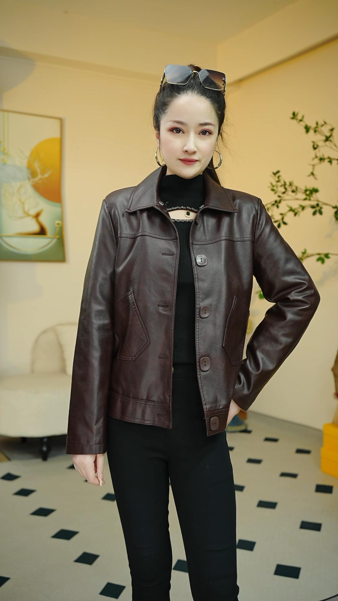 海宁皮衣外套女秋冬新款尚翻领皮夹克洋气百搭显瘦女士休闲9610