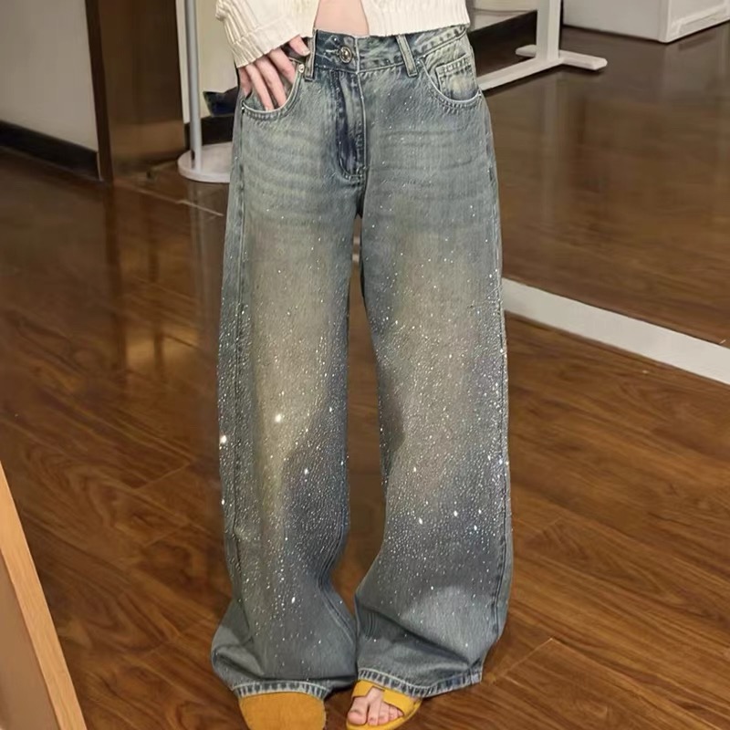 满天星河烫钻加绒阔腿牛仔裤女2025冬季新款高腰显瘦牛仔裤W26019