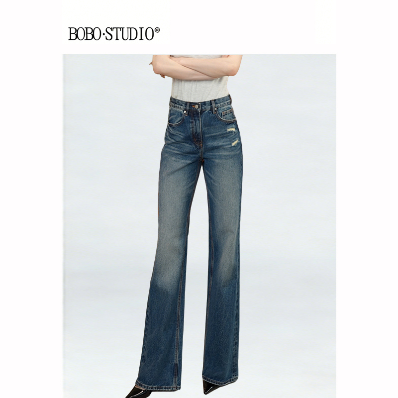 【垂简】蓝色微喇牛仔裤女2026新款修身高腰显瘦裤子宽松长裤11836