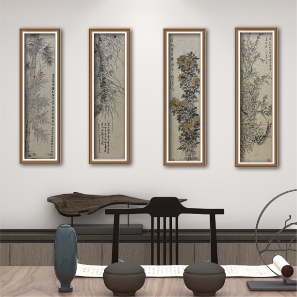 黄宗山梅兰竹菊四条屏沙发背景画书房茶室挂画